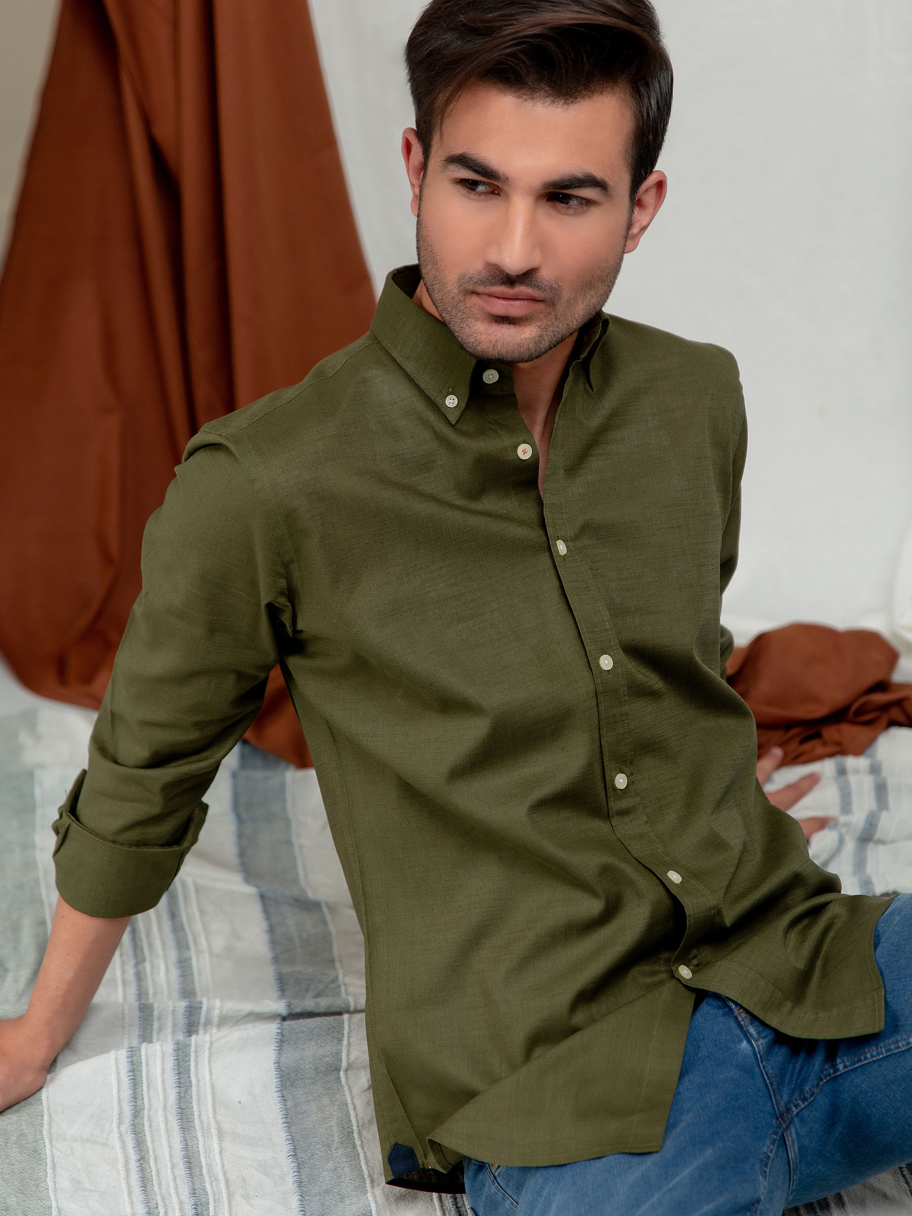 Olive Green Slub Shirt With Elbow Patch