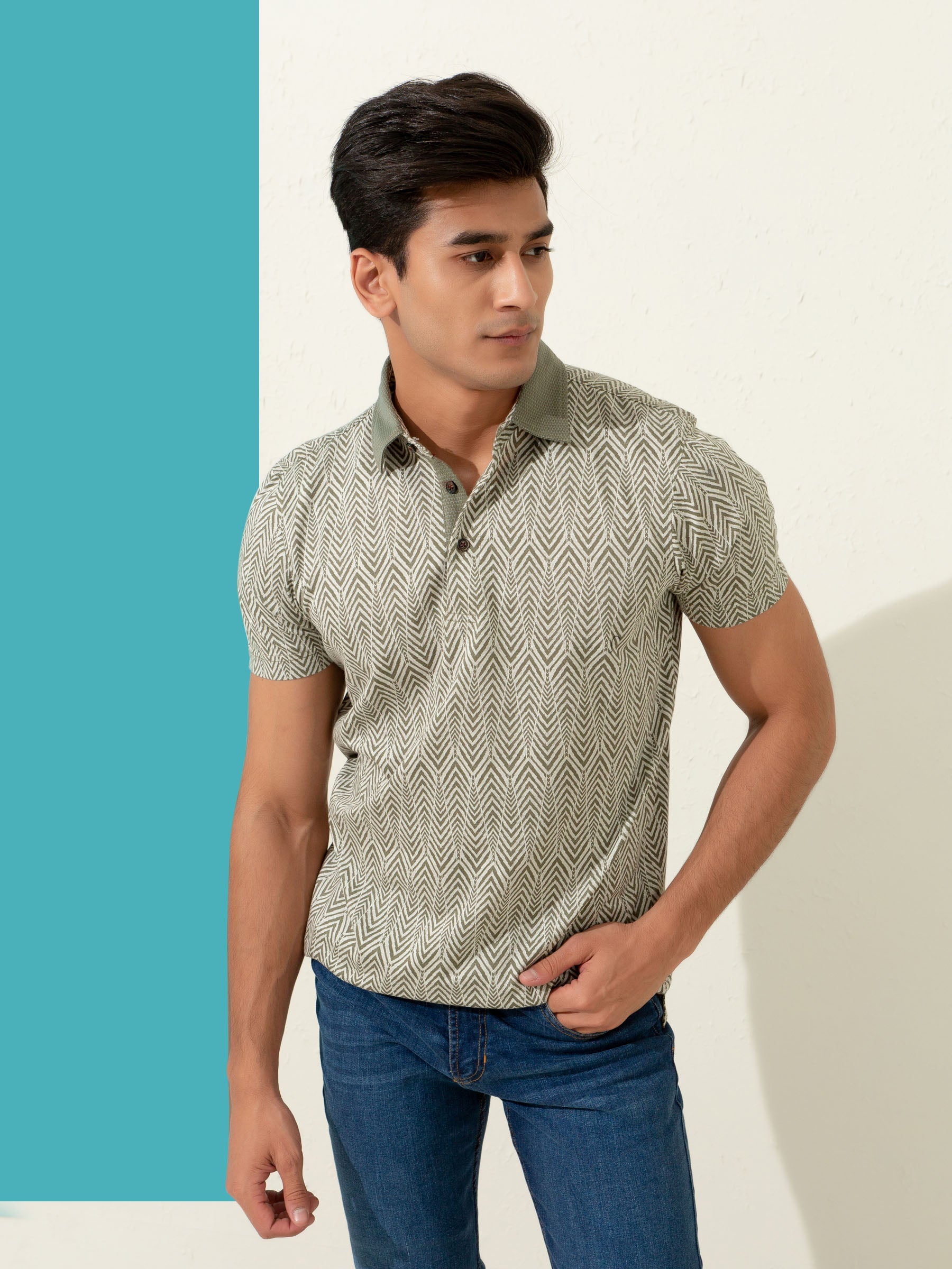 Olive Jacquard Zig-Zag Patterned Polo