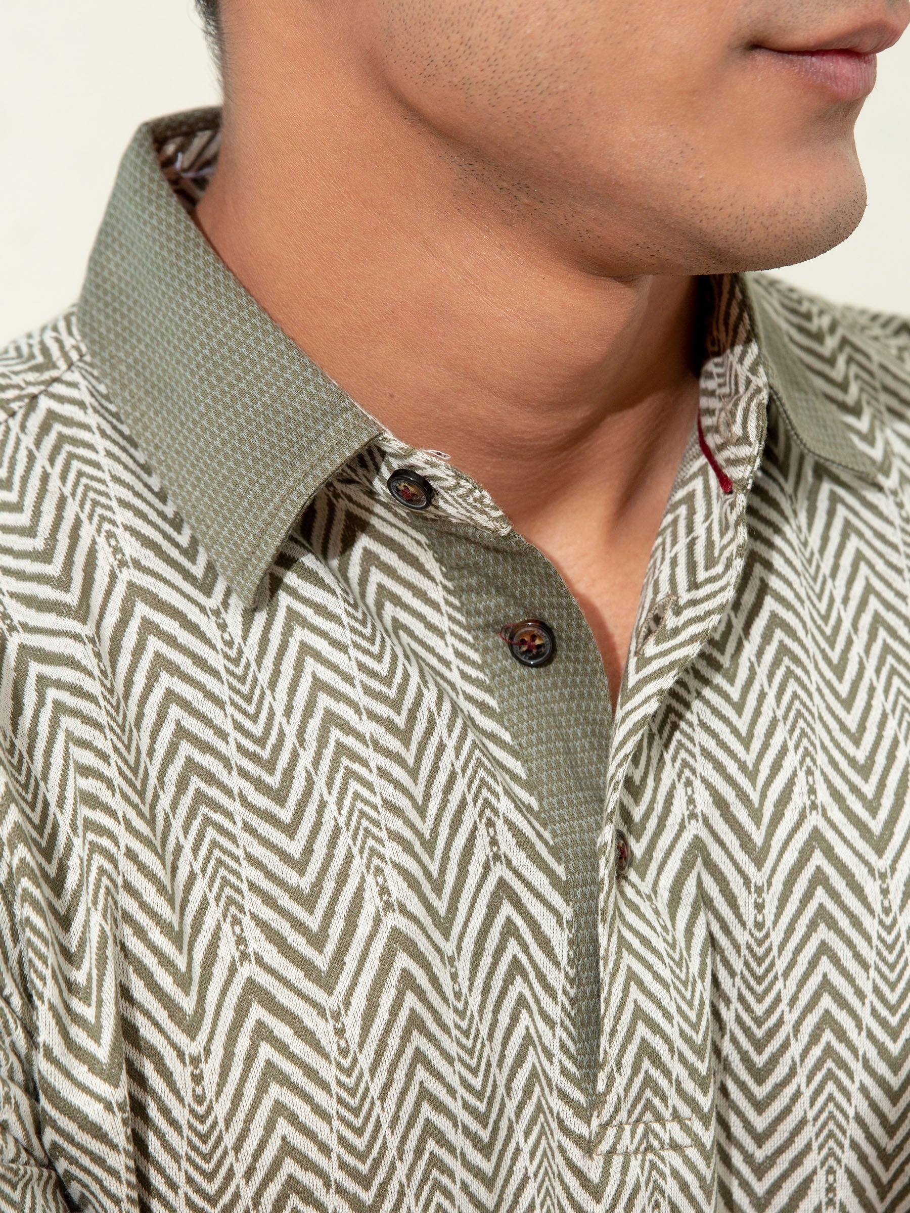 Olive Jacquard Zig-Zag Patterned Polo