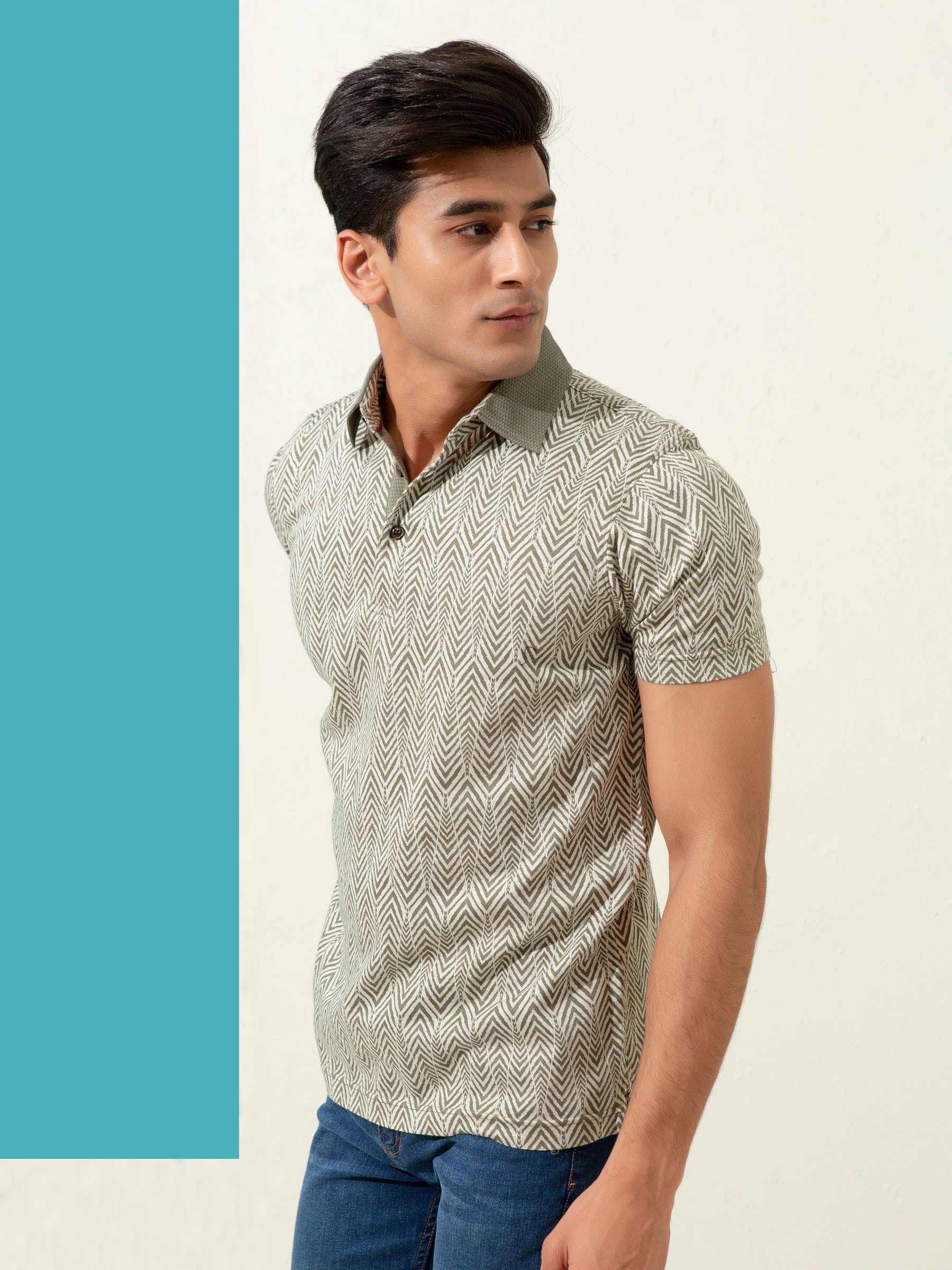 Olive Jacquard Zig-Zag Patterned Polo