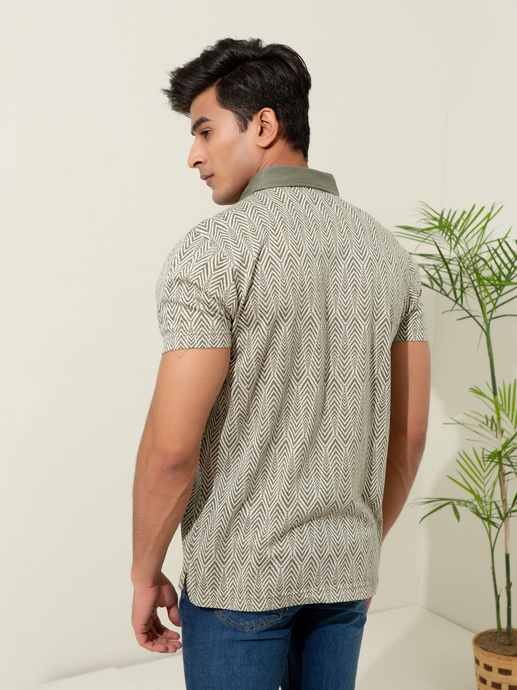 Olive Jacquard Zig-Zag Patterned Polo