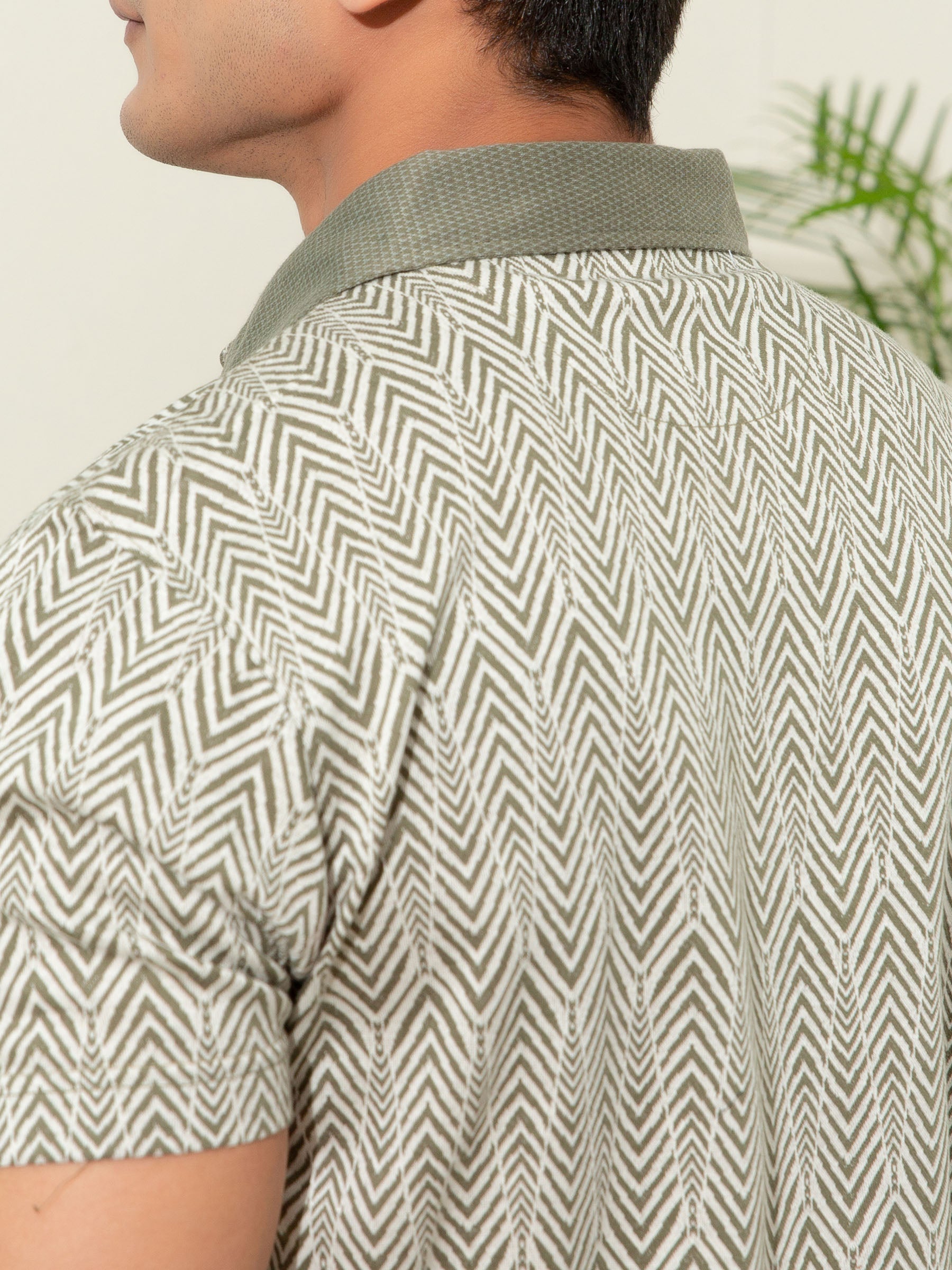 Olive Jacquard Zig-Zag Patterned Polo
