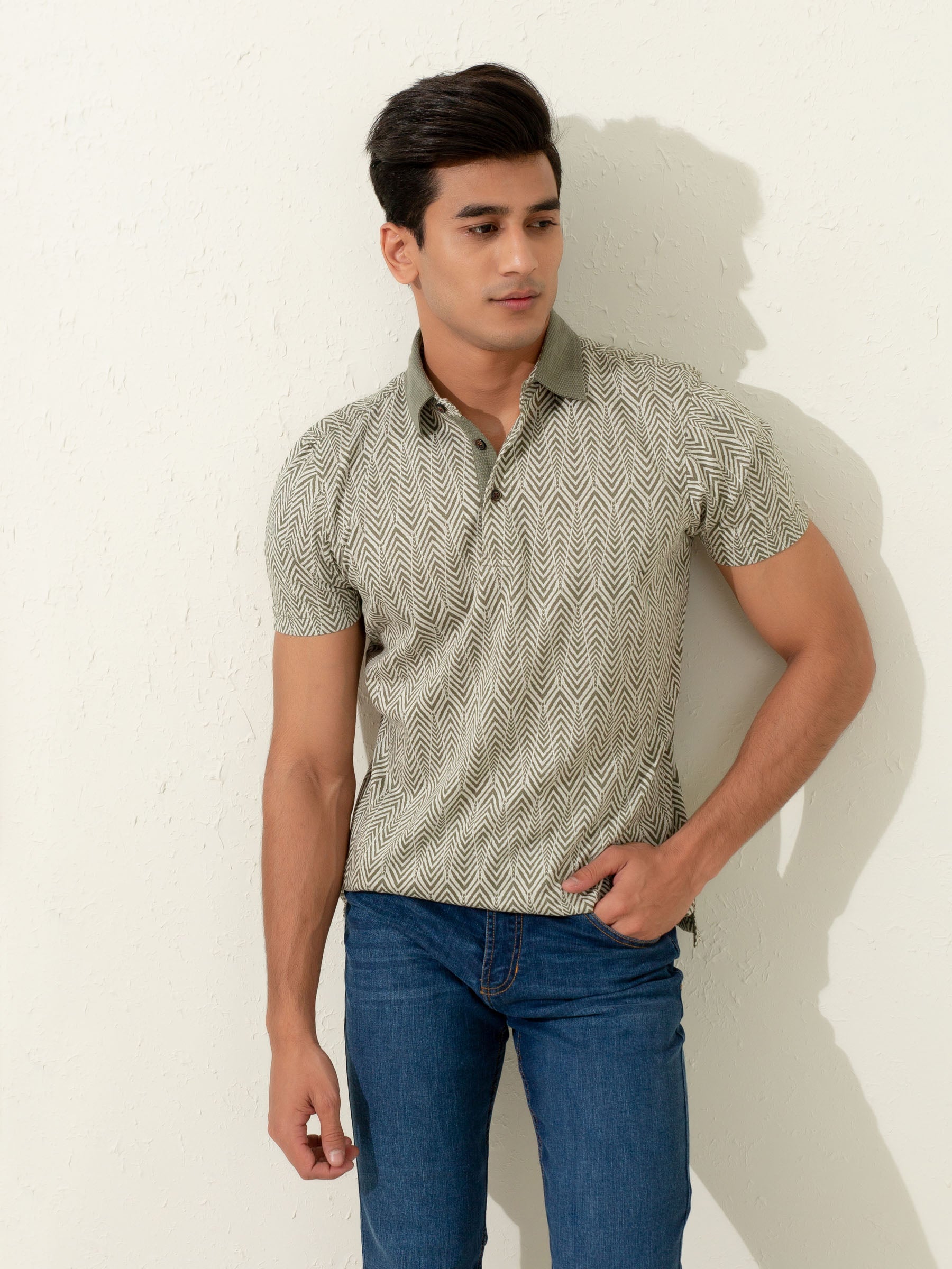 Olive Jacquard Zig-Zag Patterned Polo