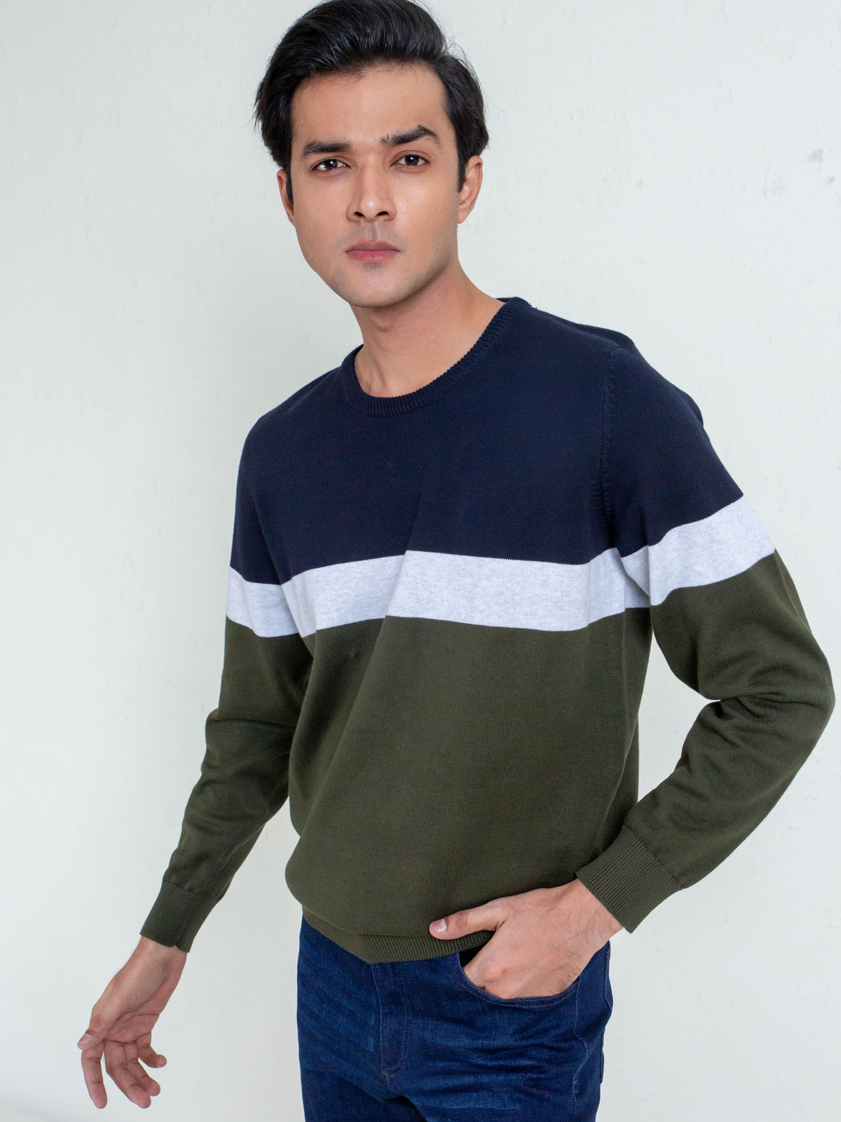 Olive & Navy Striped Crew Neck Sweater