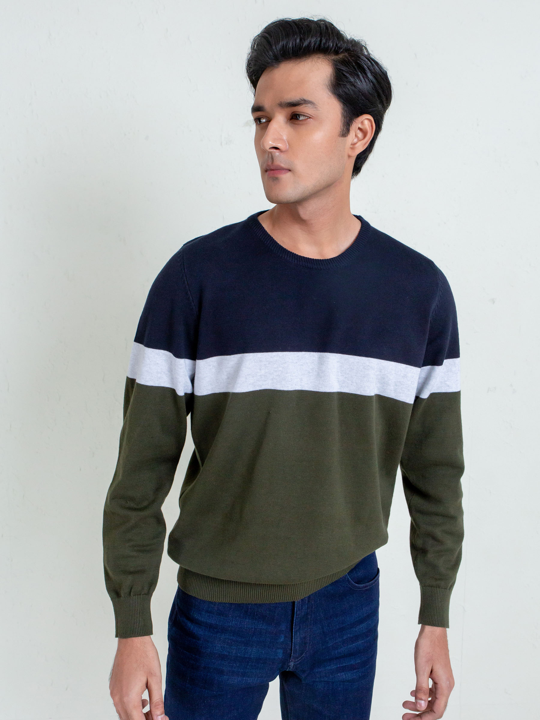 Olive & Navy Striped Crew Neck Sweater