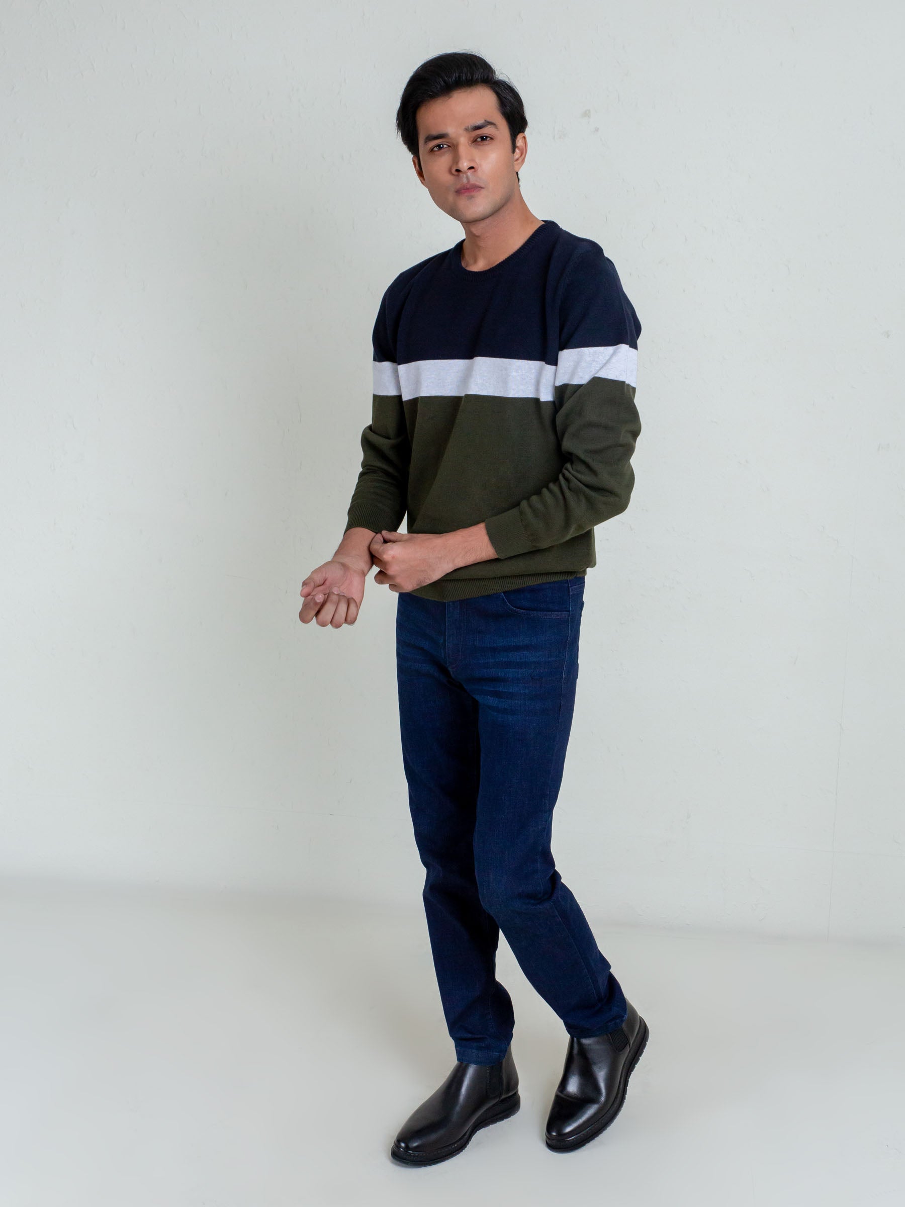 Olive & Navy Striped Crew Neck Sweater