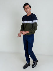 Olive & Navy Striped Crew Neck Sweater
