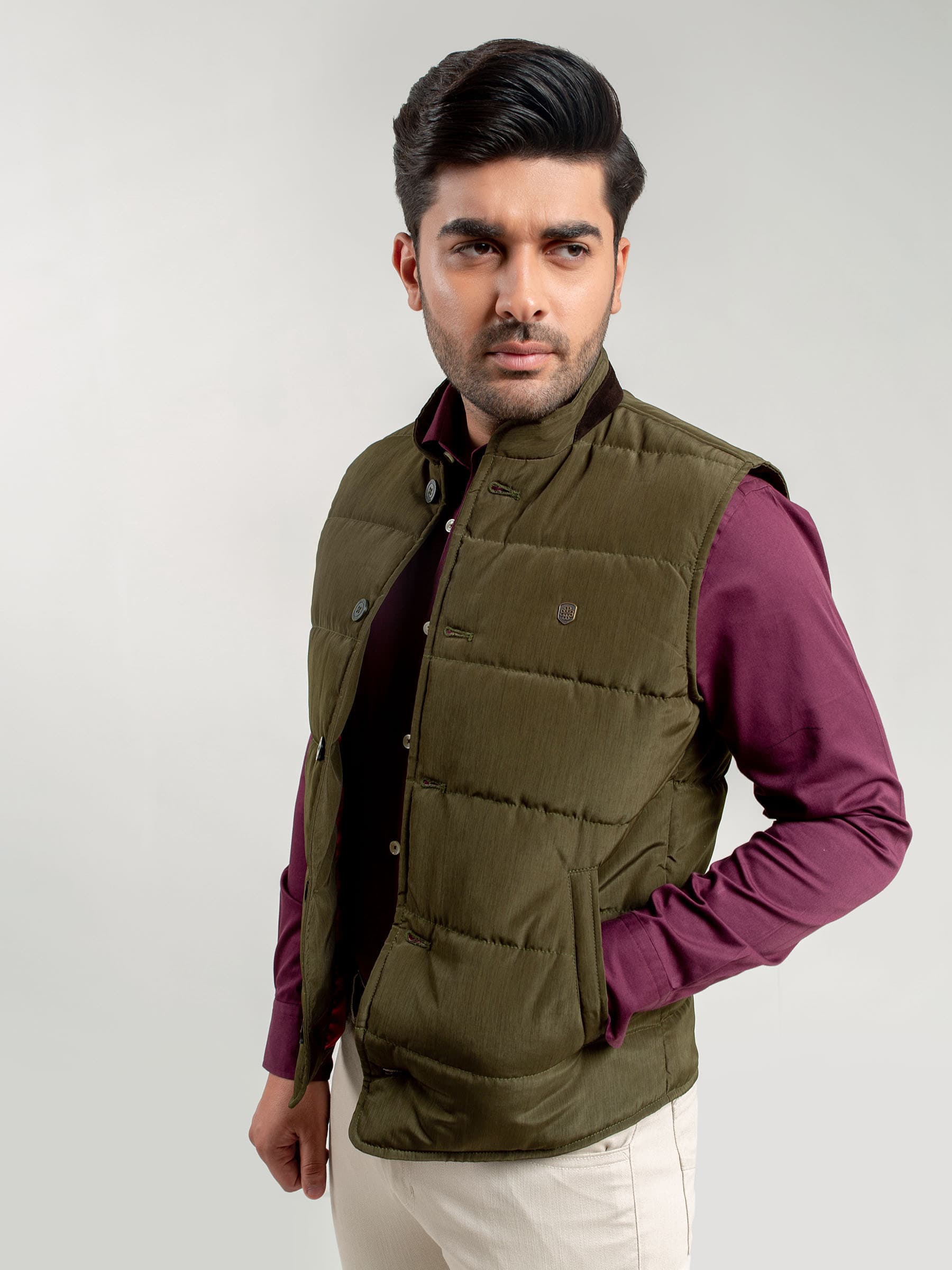 Olive Quilted Sleeveless Vest With Leather Detailing