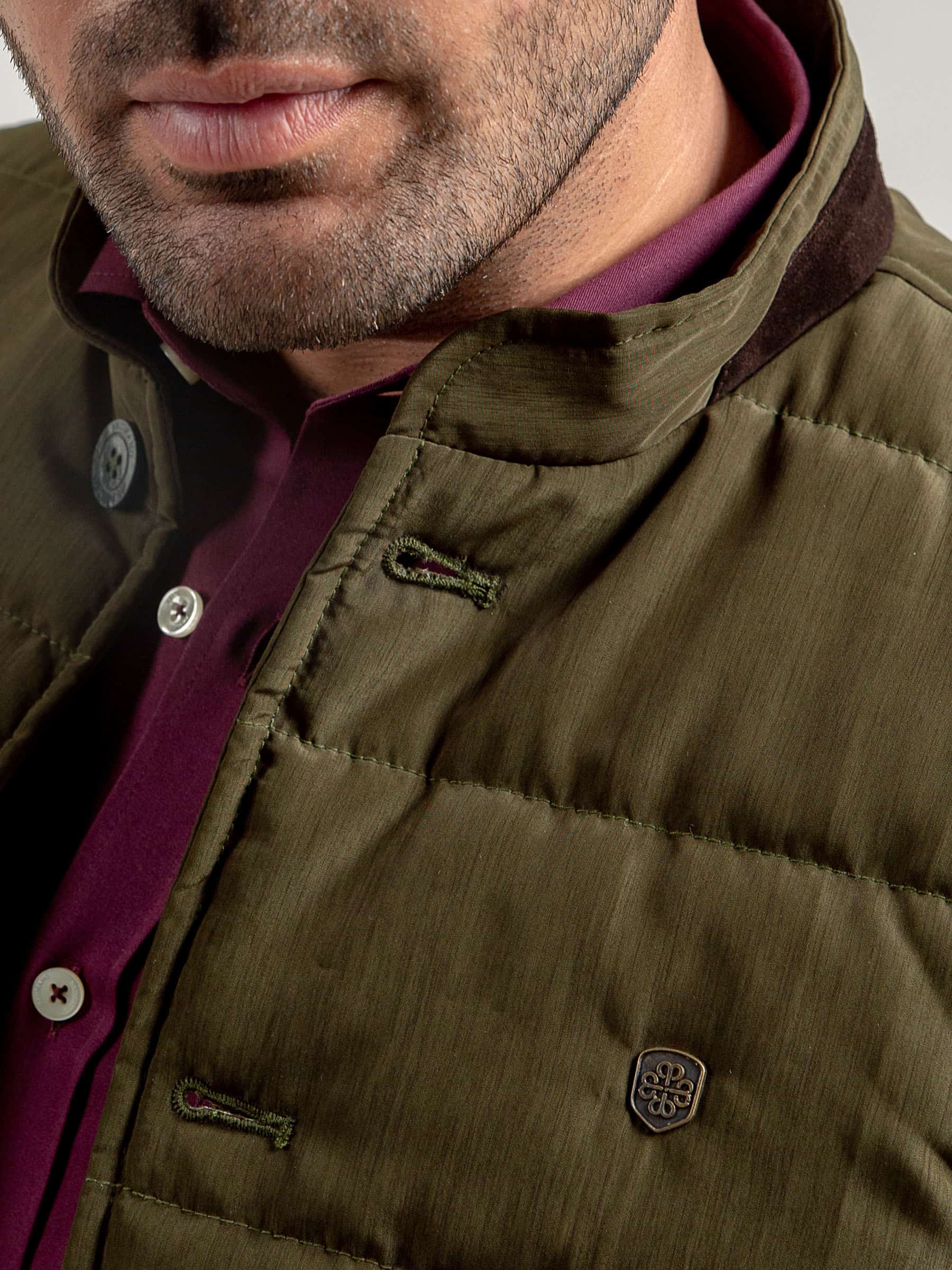 Olive Quilted Sleeveless Vest With Leather Detailing