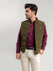 Olive Quilted Sleeveless Vest With Leather Detailing