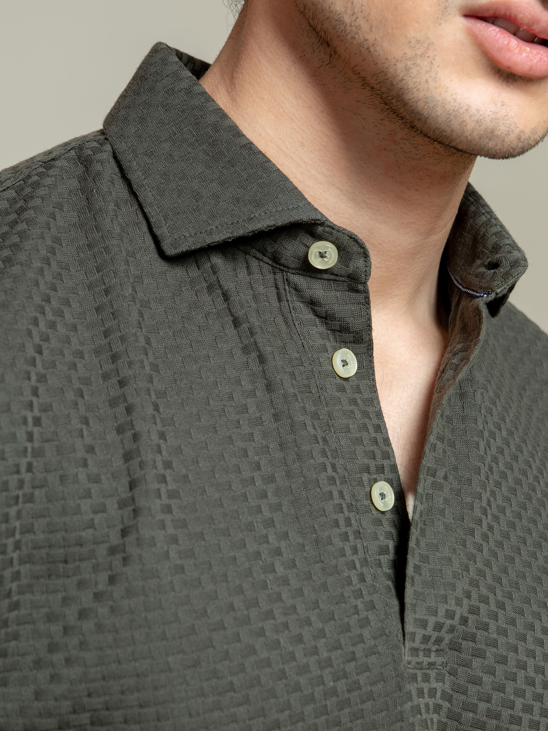 Olive Textured Polo With Classic Collar