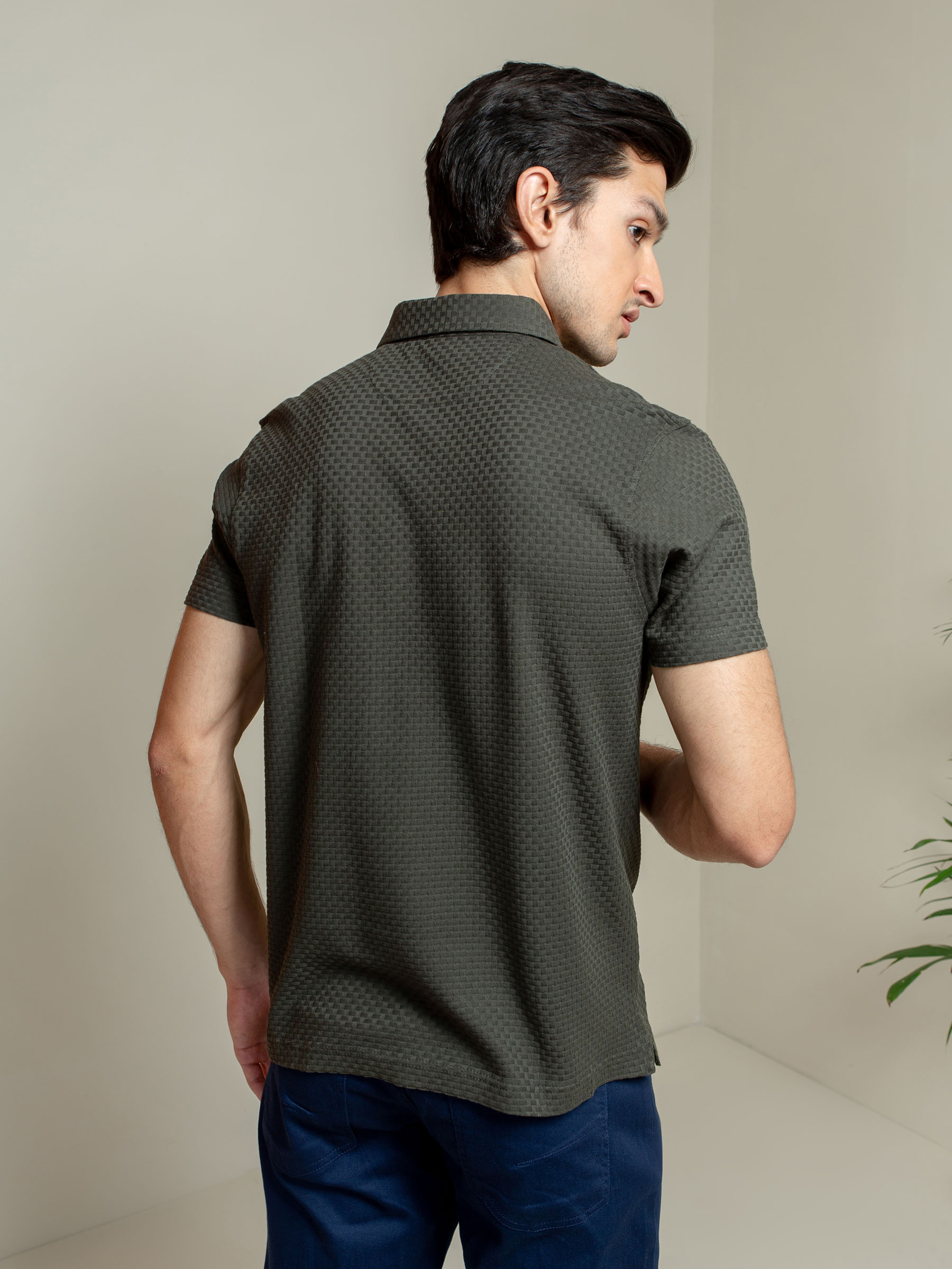 Olive Textured Polo With Classic Collar