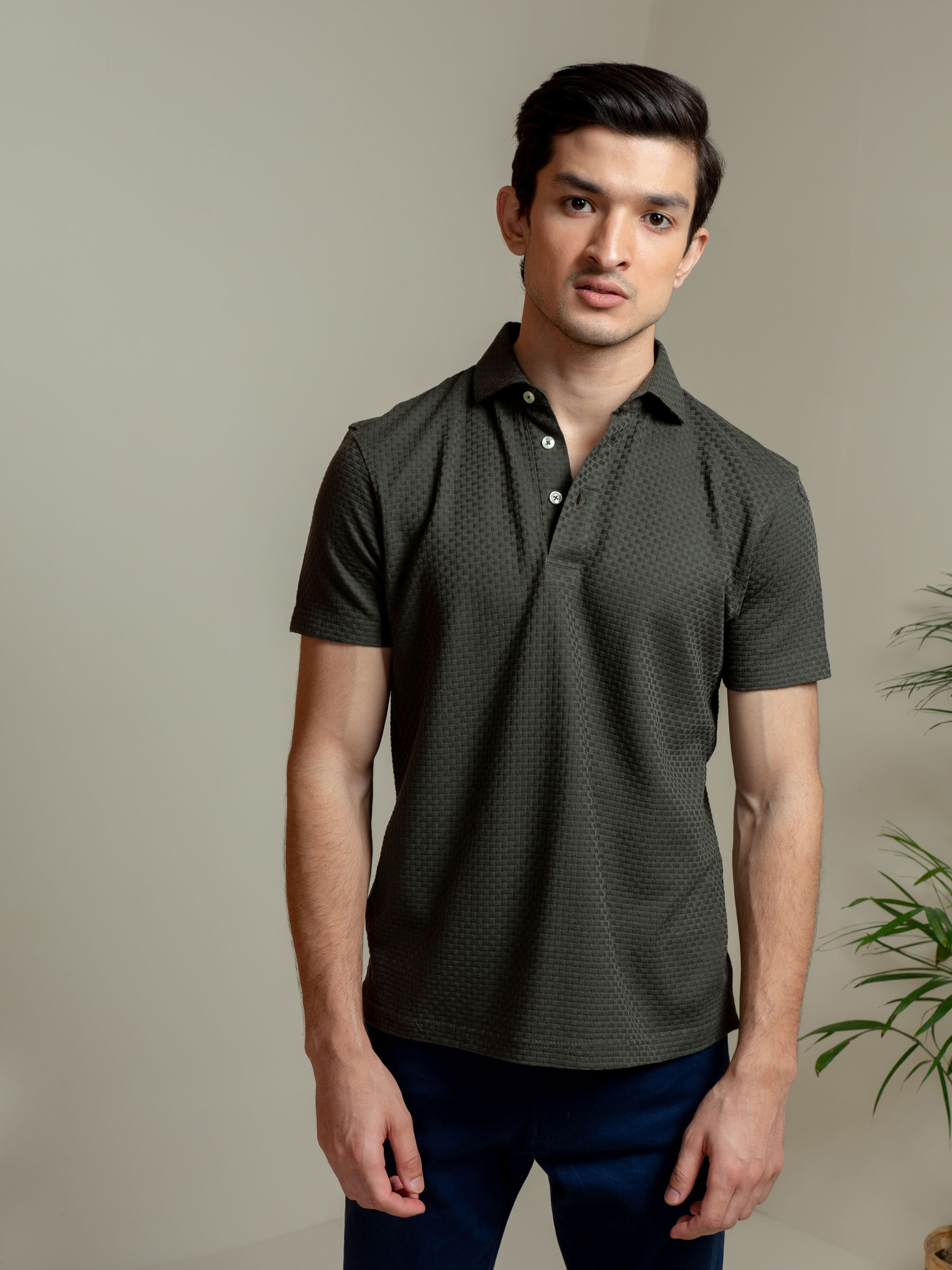 Olive Textured Polo With Classic Collar