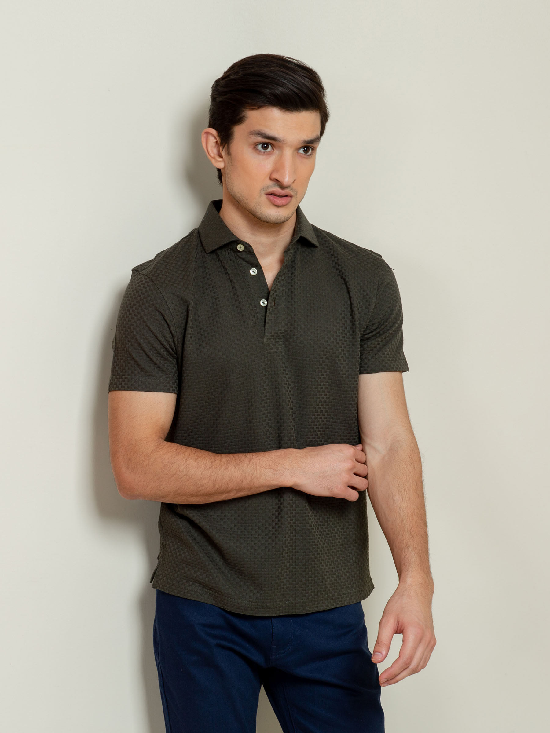 Olive Textured Polo With Classic Collar