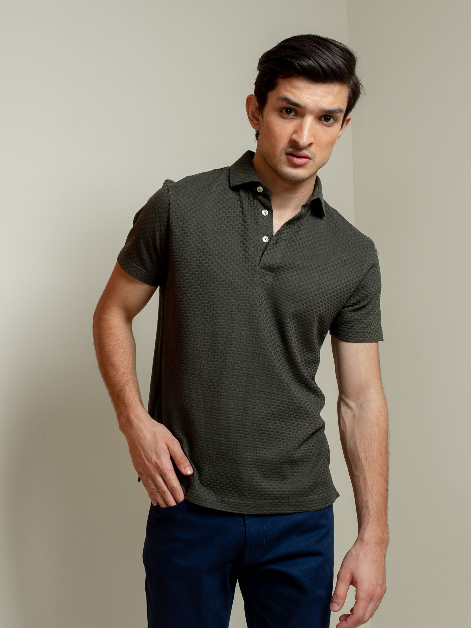 Olive Textured Polo With Classic Collar