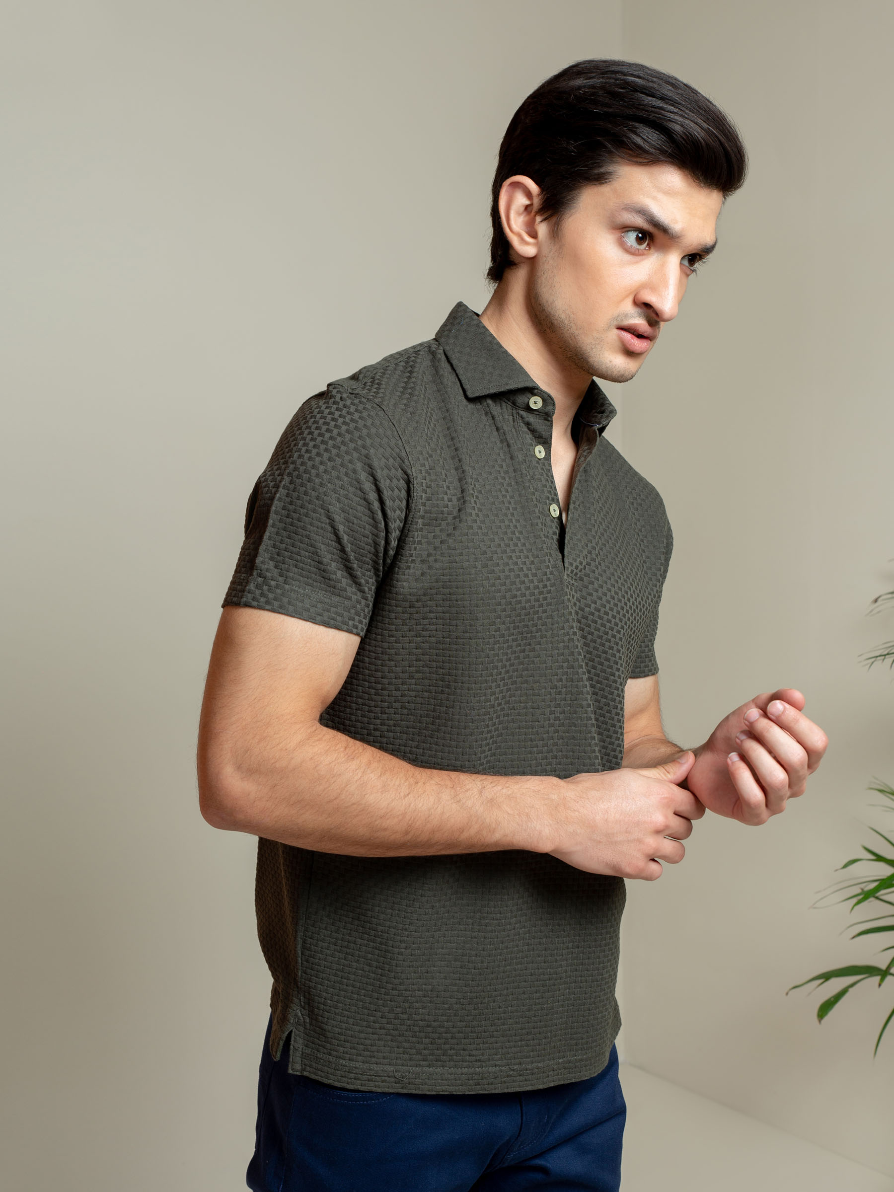 Olive Textured Polo With Classic Collar