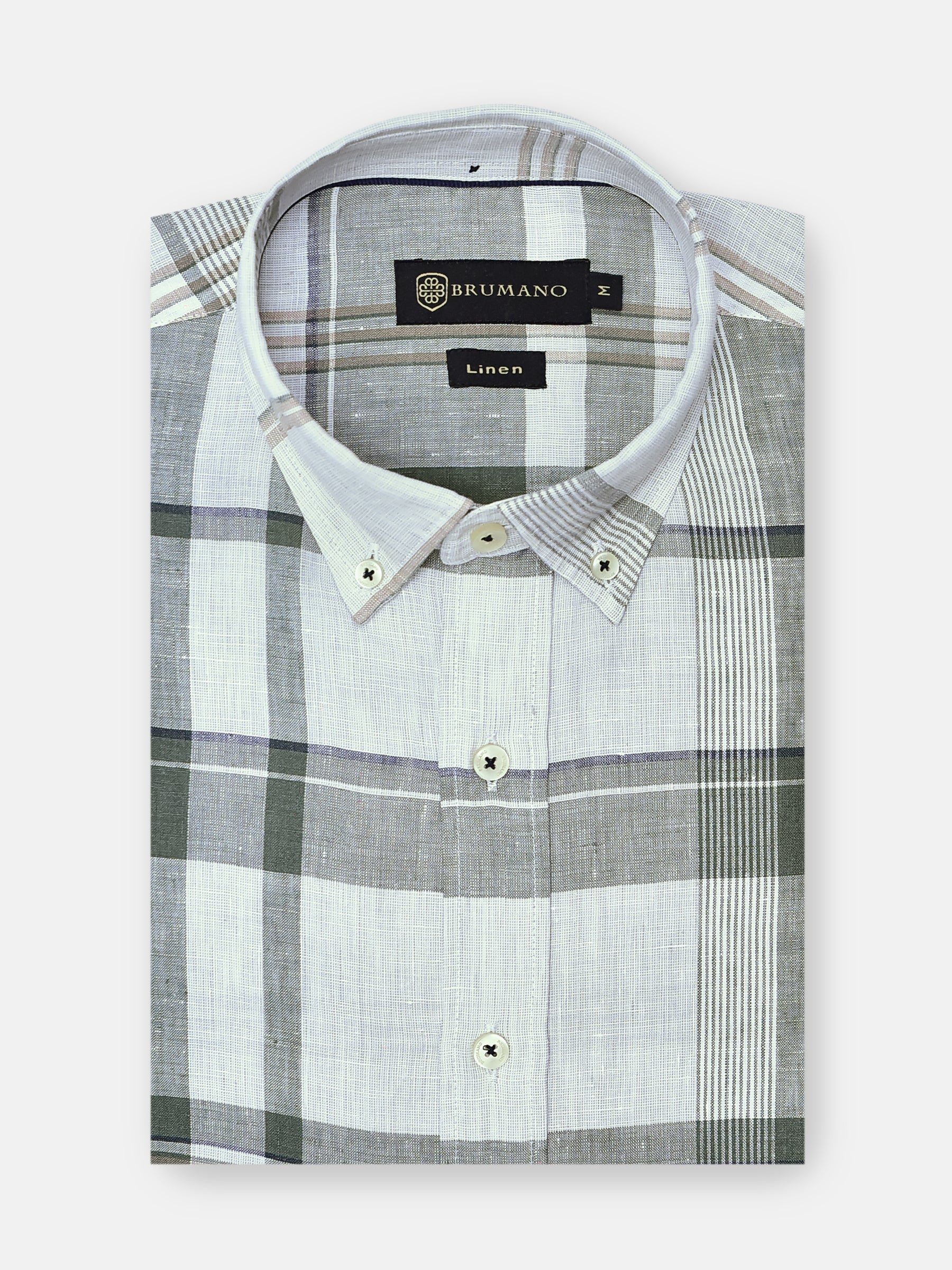 Olive Green 100% Linen Checkered Shirt