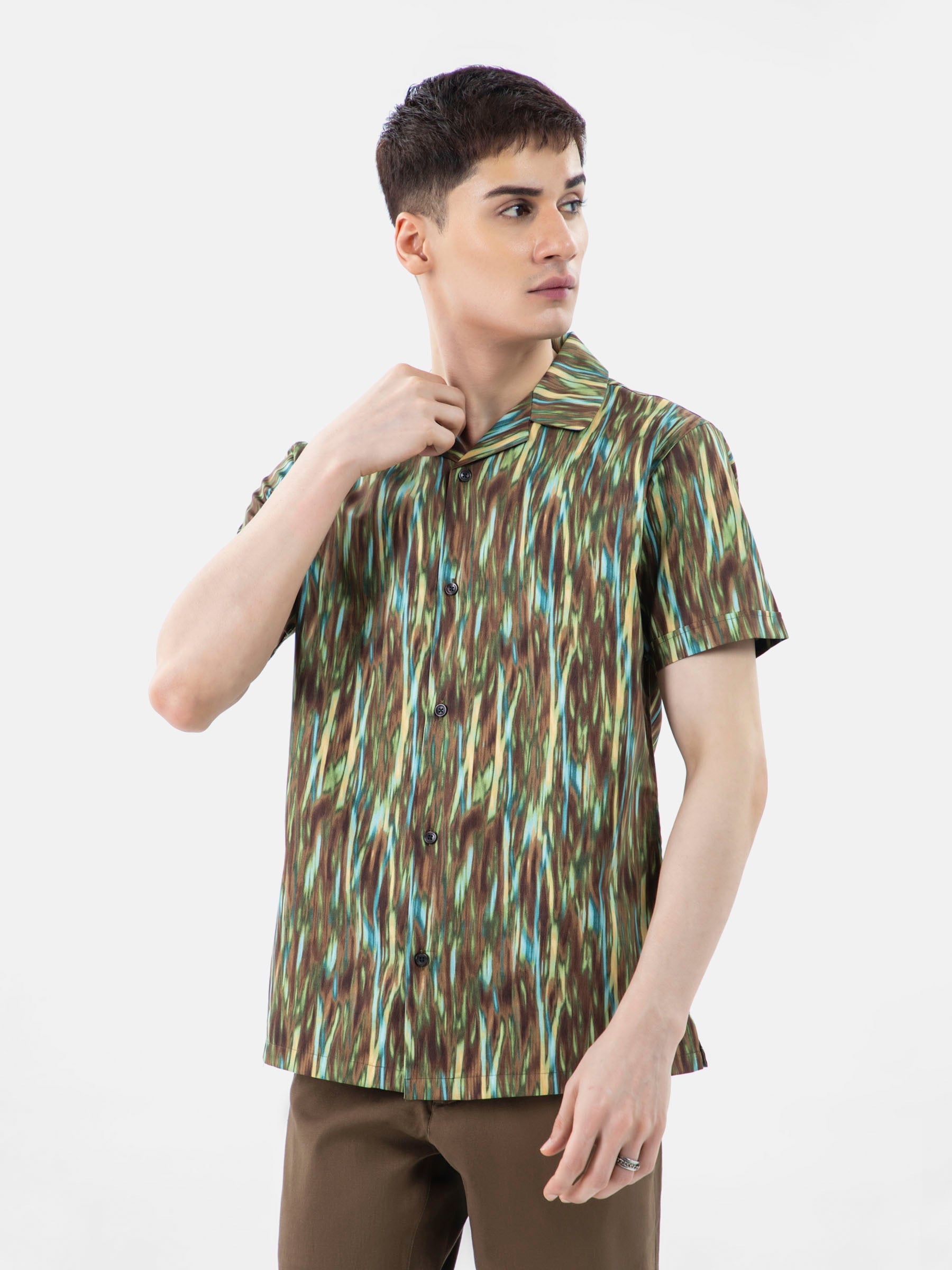 Olive Green Abstract Printed Half Sleeve Cuban Collar Shirt