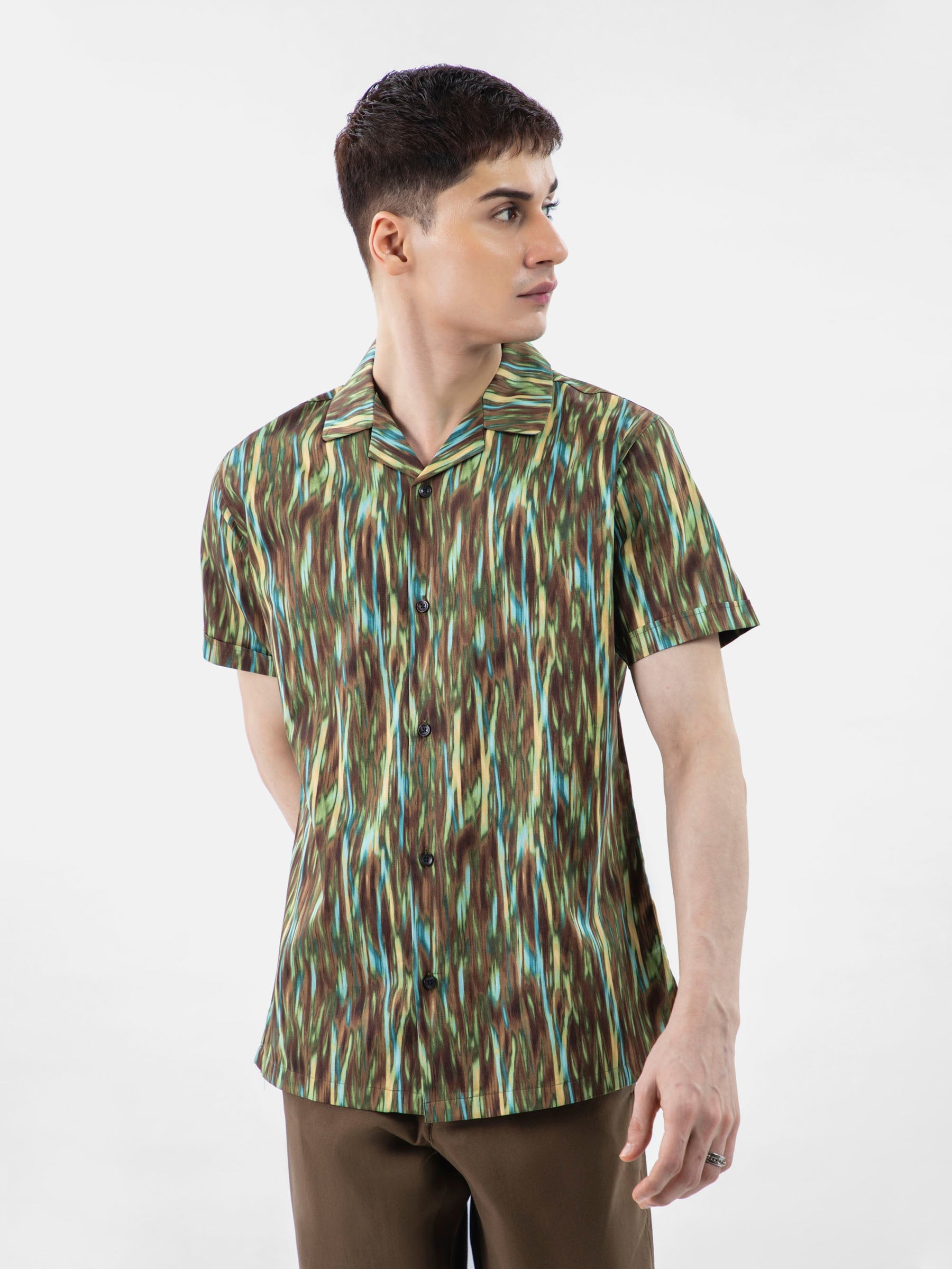Olive Green Abstract Printed Half Sleeve Cuban Collar Shirt