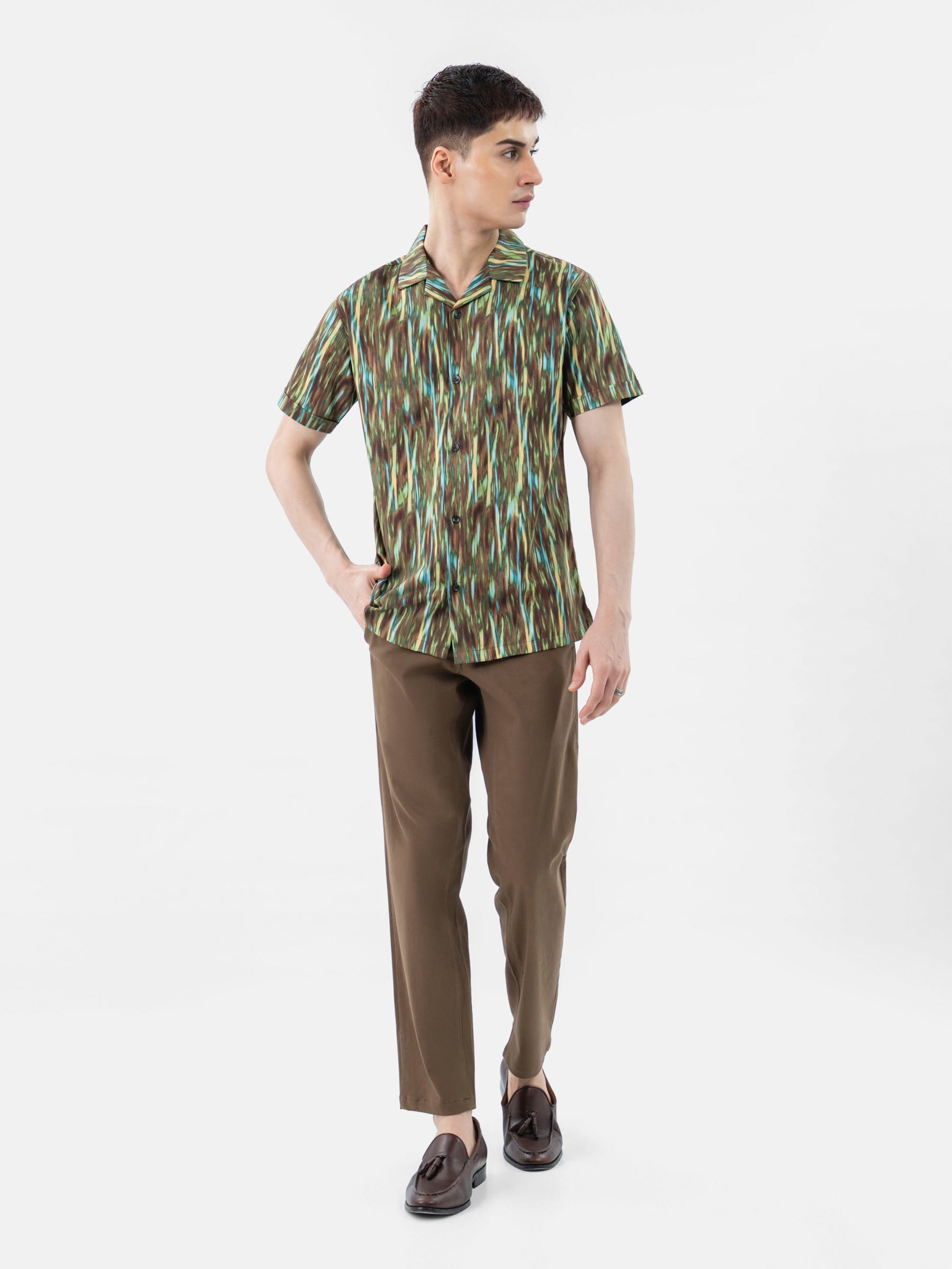 Olive Green Abstract Printed Half Sleeve Cuban Collar Shirt