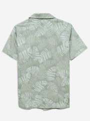 Olive Green Floral Printed Cuban Collar Shirt