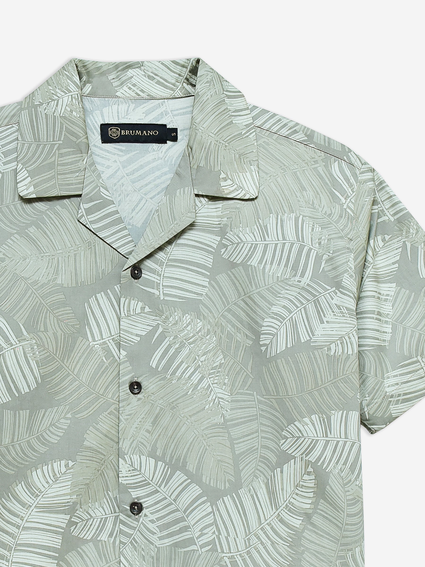 Olive Green Floral Printed Cuban Collar Shirt