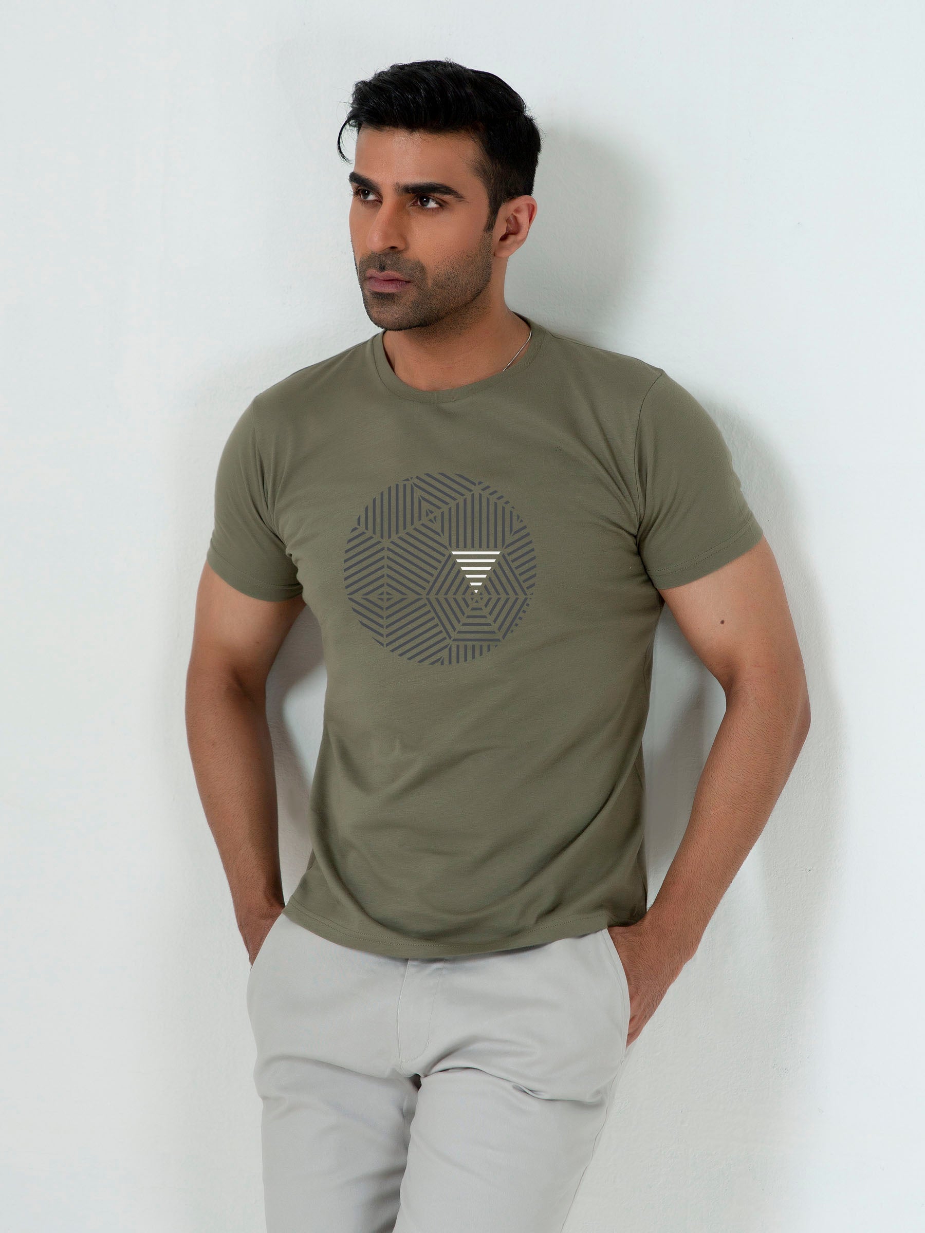 Olive Green Graphic Geometric Printed T-Shirt