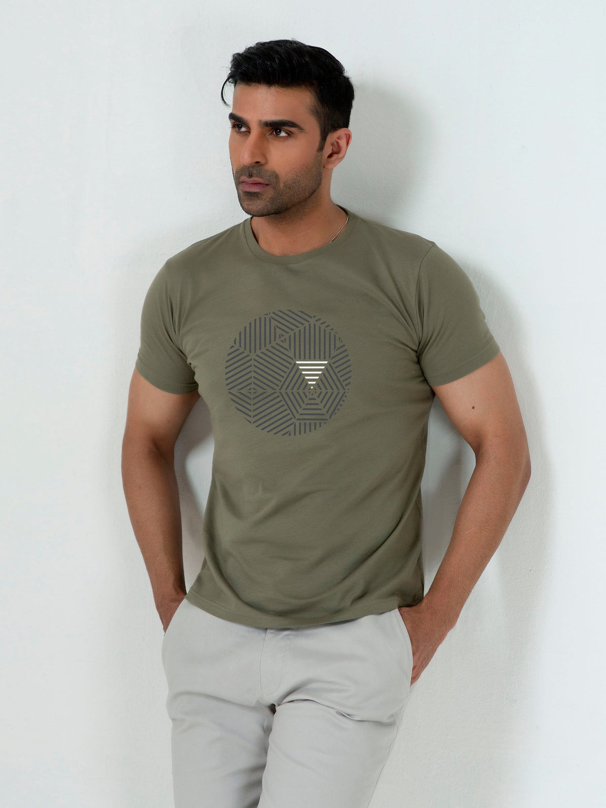 Olive Green Graphic Geometric Printed T-Shirt