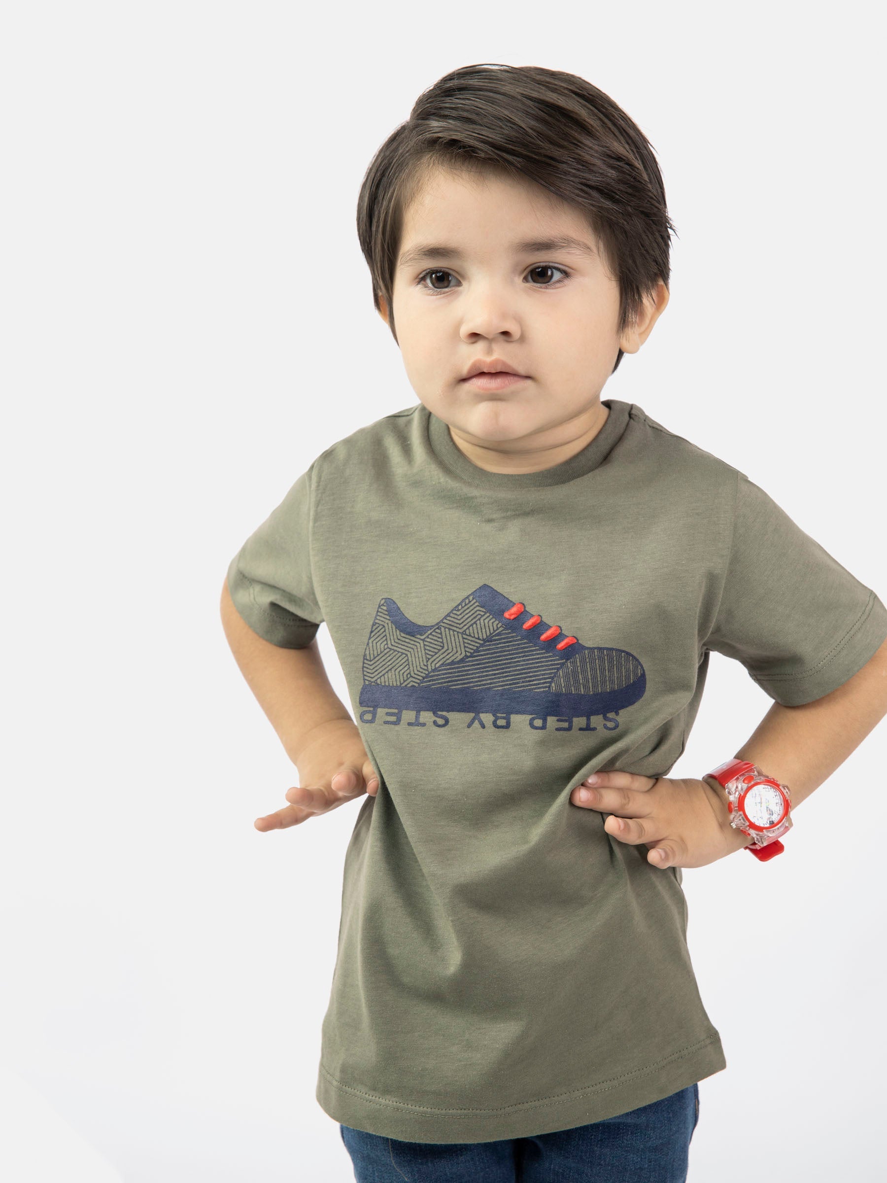 Olive Green Graphic 'Step' Printed Casual Tee