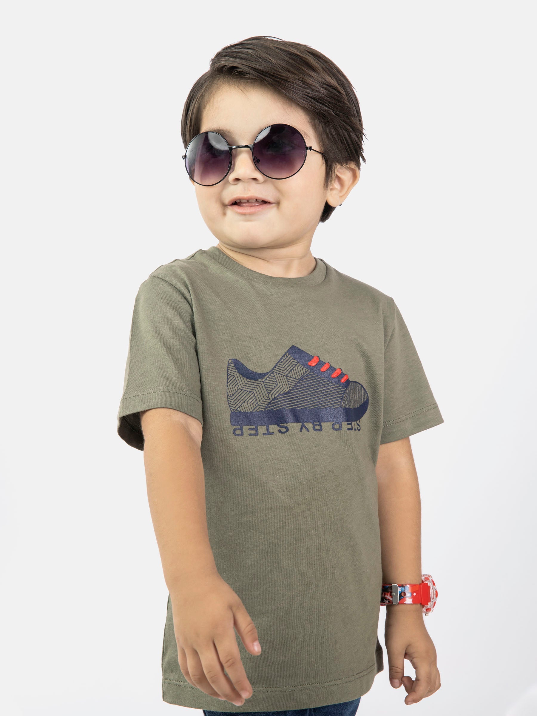 Olive Green Graphic 'Step' Printed Casual Tee