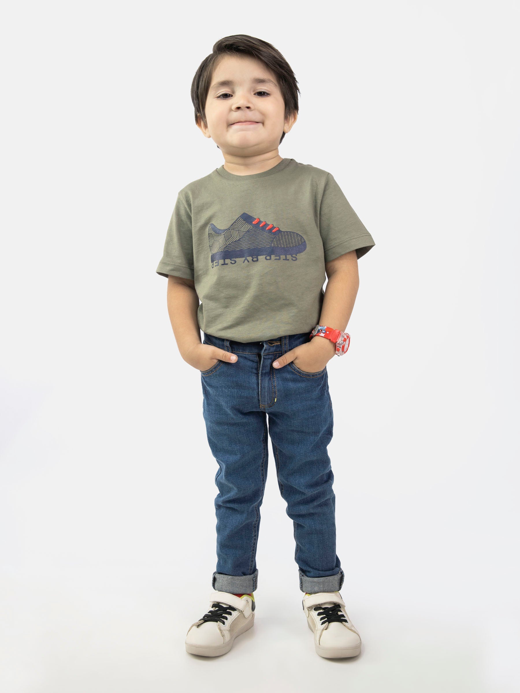 Olive Green Graphic 'Step' Printed Casual Tee