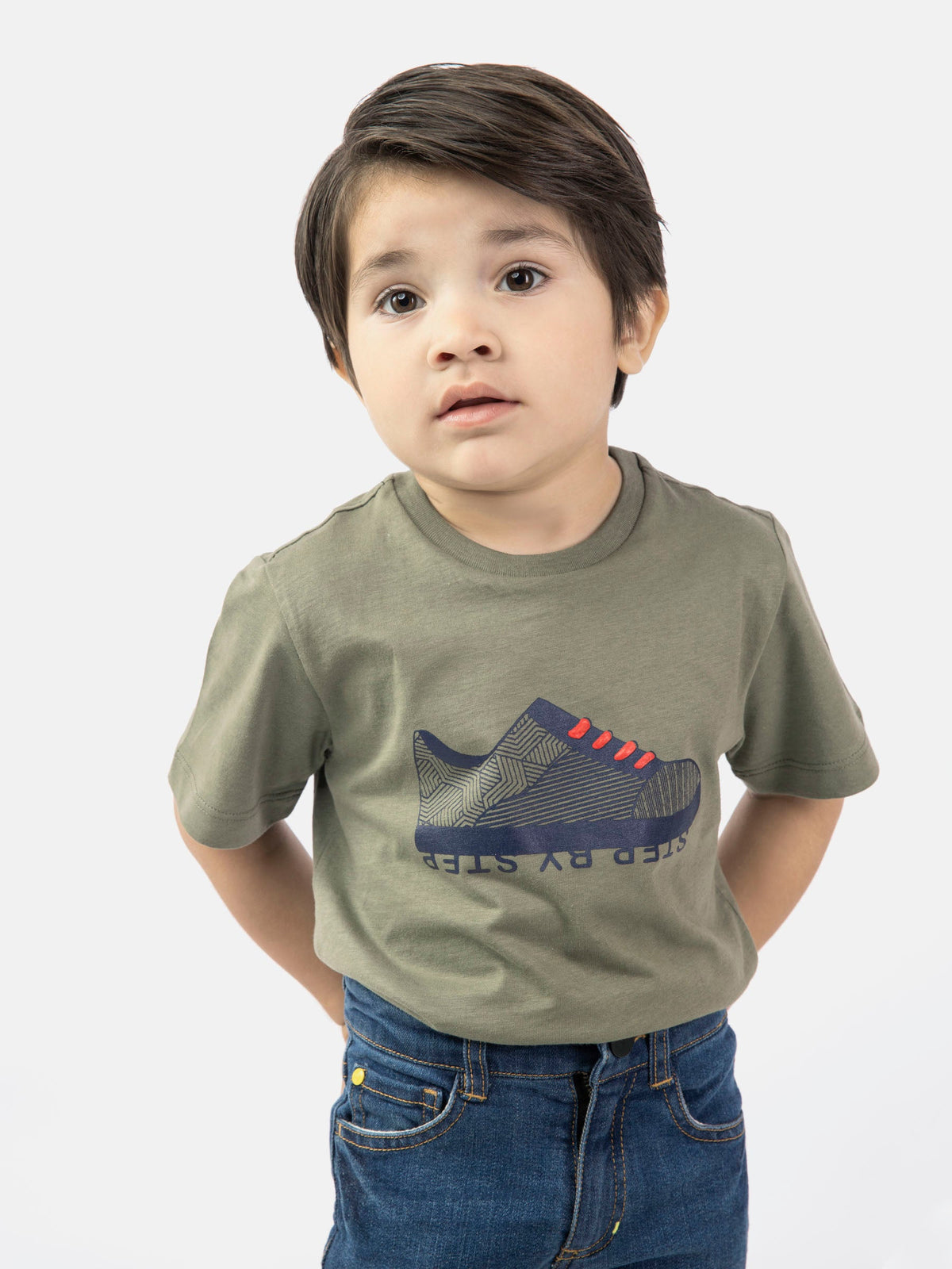 Olive Green Graphic 'Step' Printed Casual Tee