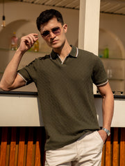 Olive Green Jacquard Structured Tipped V-Neck Polo