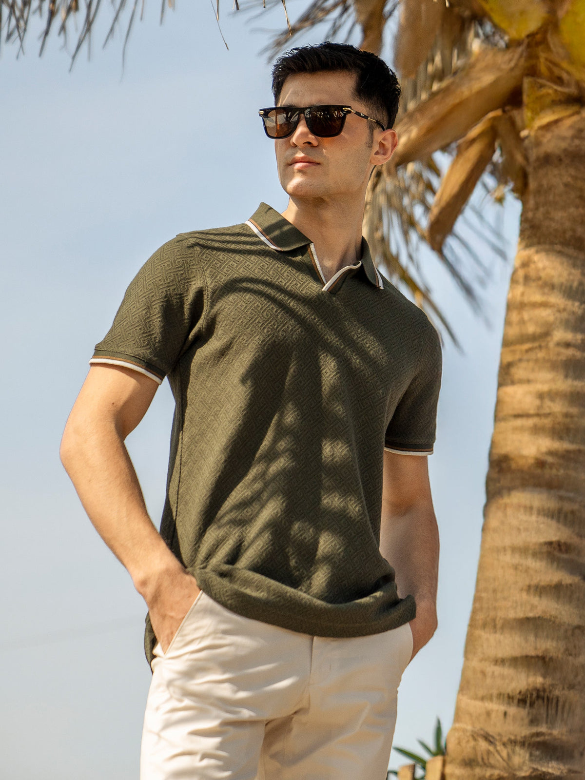 Olive Green Jacquard Structured Tipped V-Neck Polo