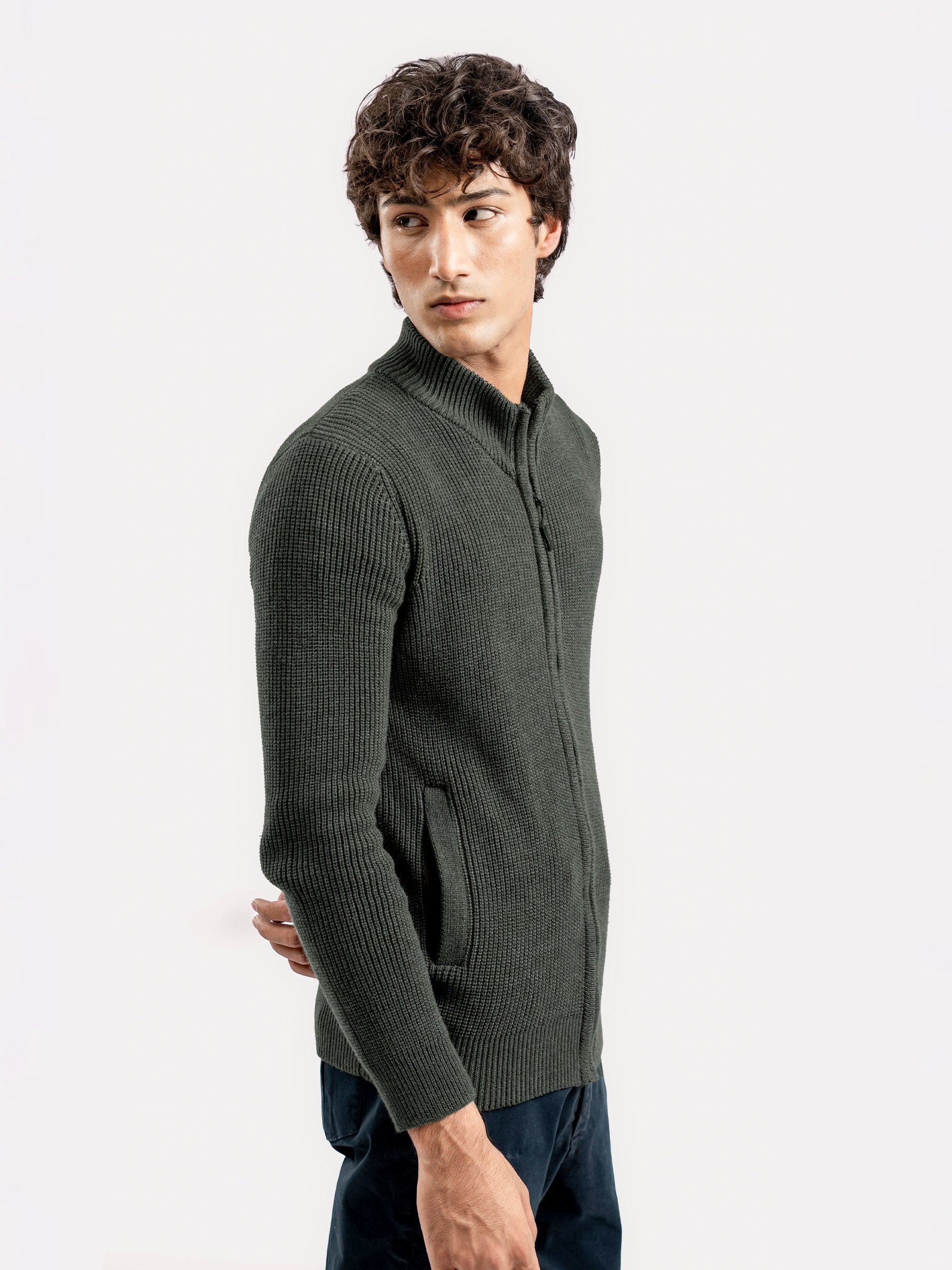 Olive Green Knitted Chunky Zipper Jacket