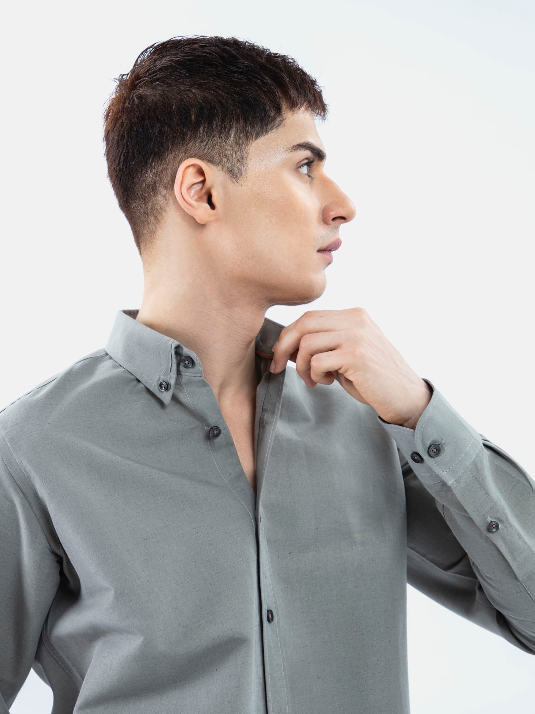 Olive Green Linen Blended Button Down Shirt