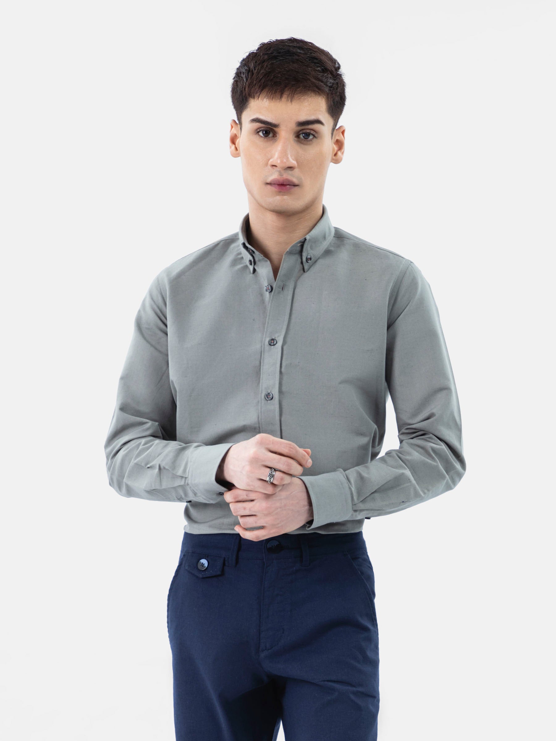 Olive Green Linen Blended Button Down Shirt