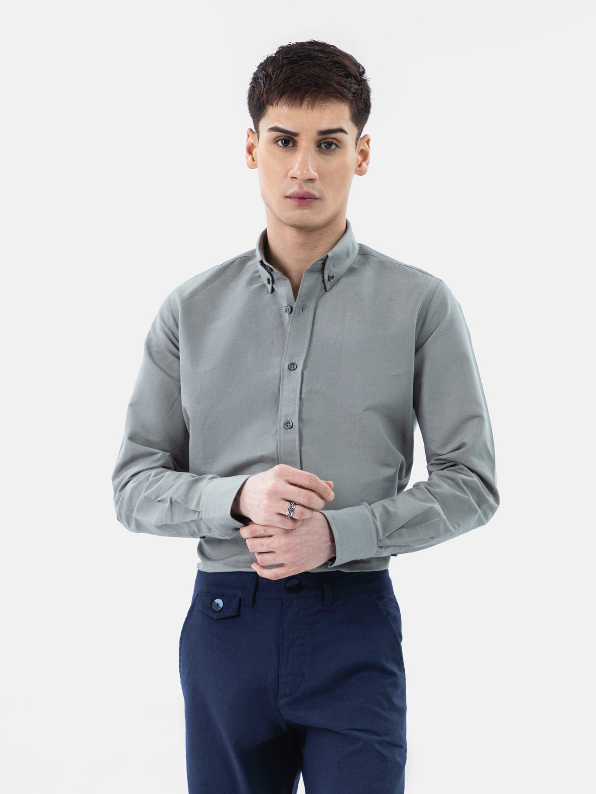 Olive Green Linen Blended Button Down Shirt