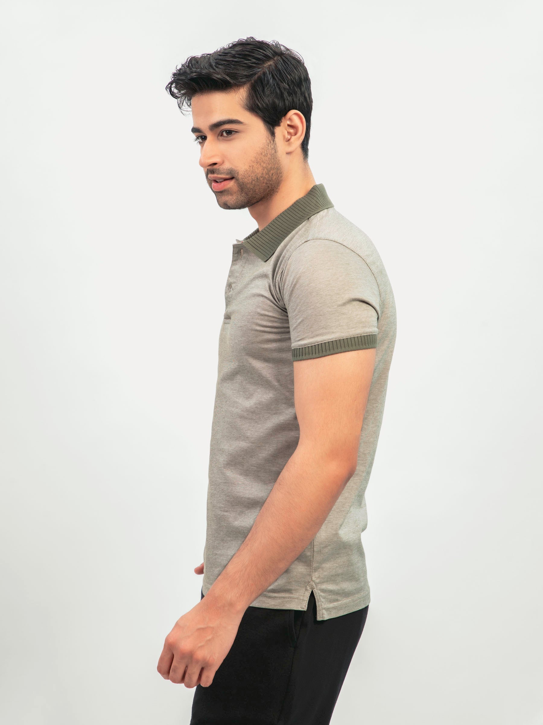 Olive Green Mercerized Pique Polo With Contrasting Collar