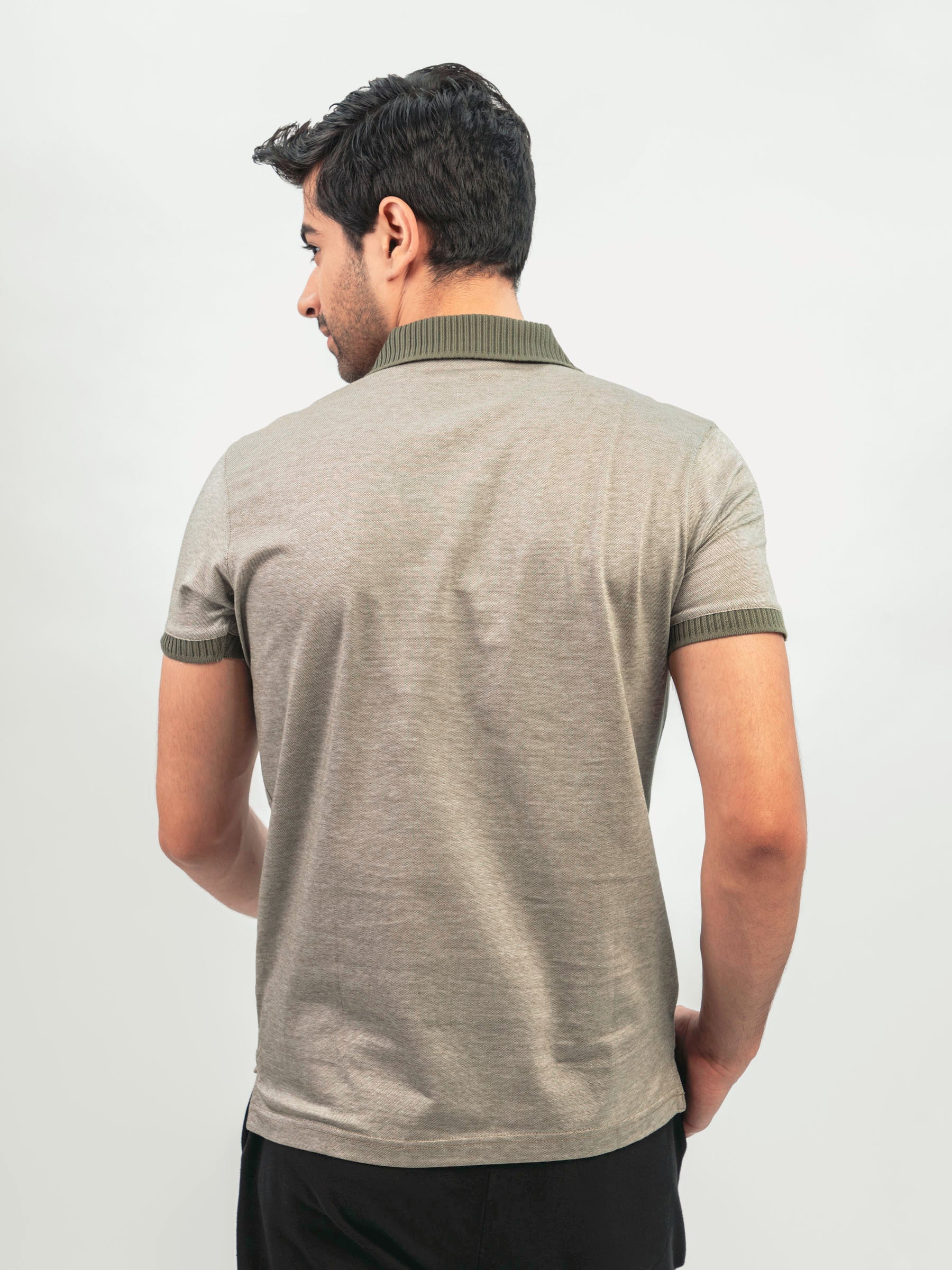 Olive Green Mercerized Pique Polo With Contrasting Collar