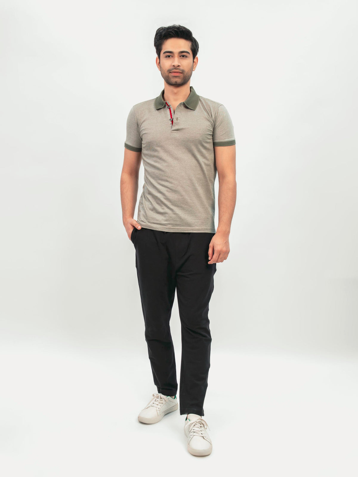 Olive Green Mercerized Pique Polo With Contrasting Collar
