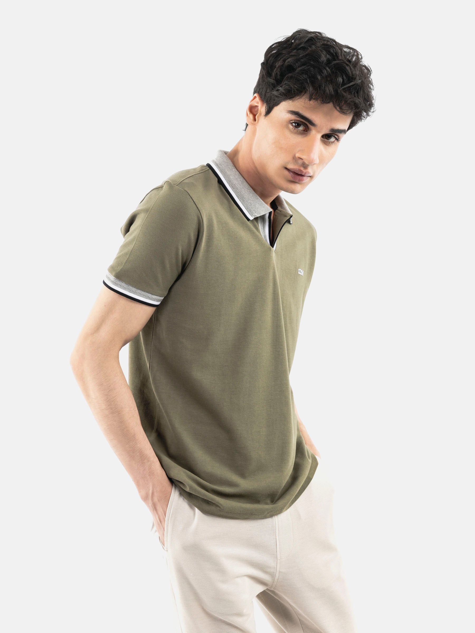 Olive Green Polo with Grey Sporty Collar