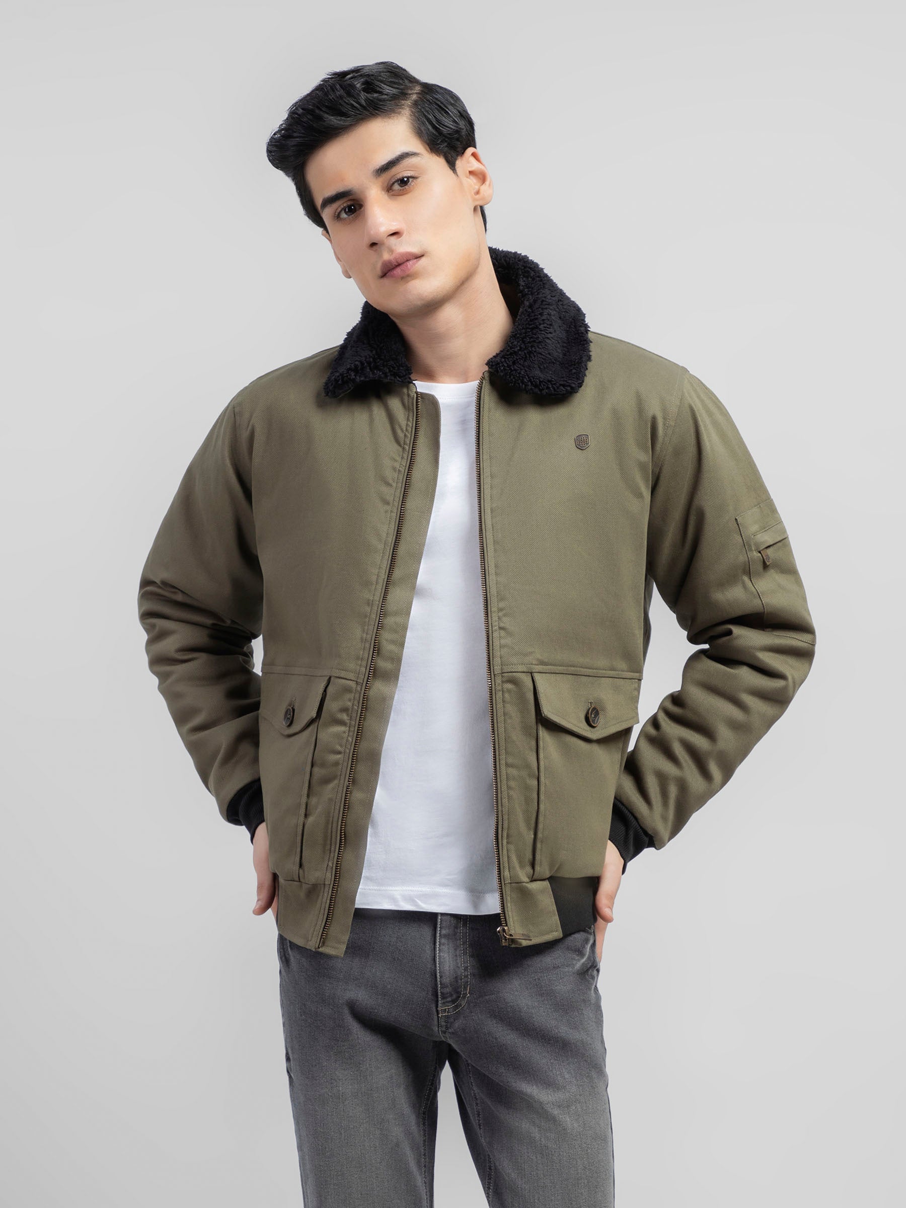 Olive Green Sherpa Collar Aviator Jacket