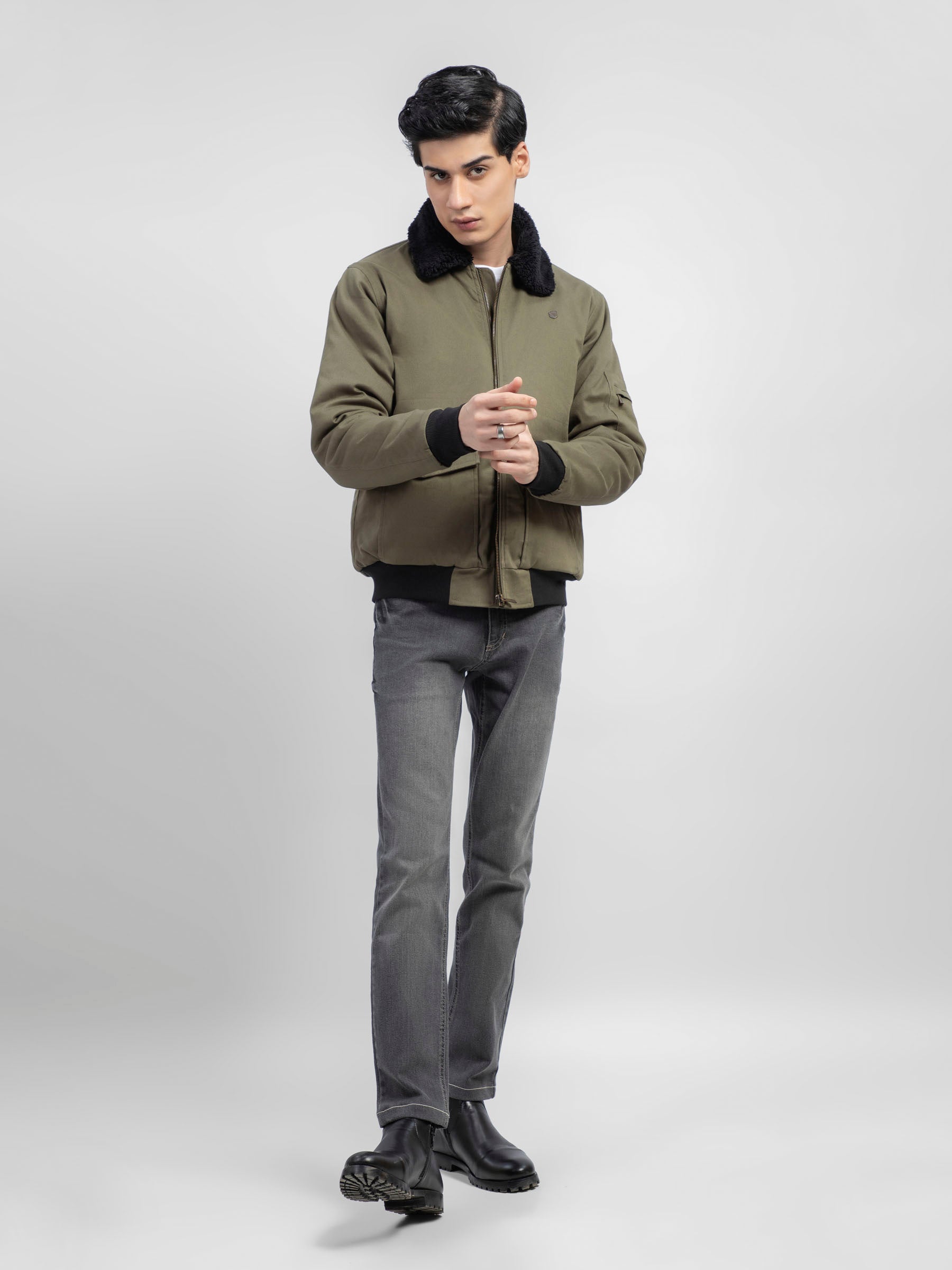 Olive Green Sherpa Collar Aviator Jacket