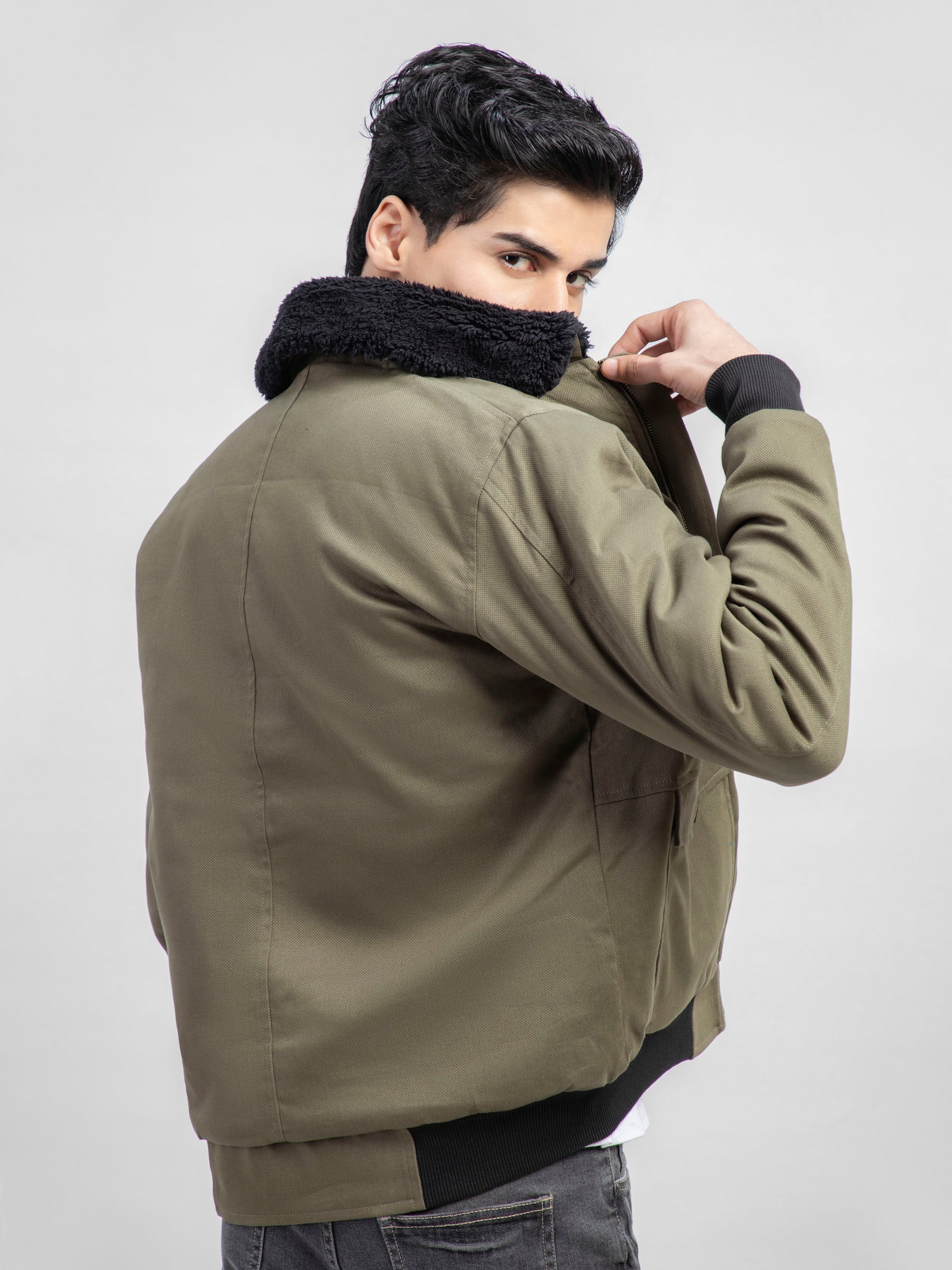 Olive Green Sherpa Collar Aviator Jacket