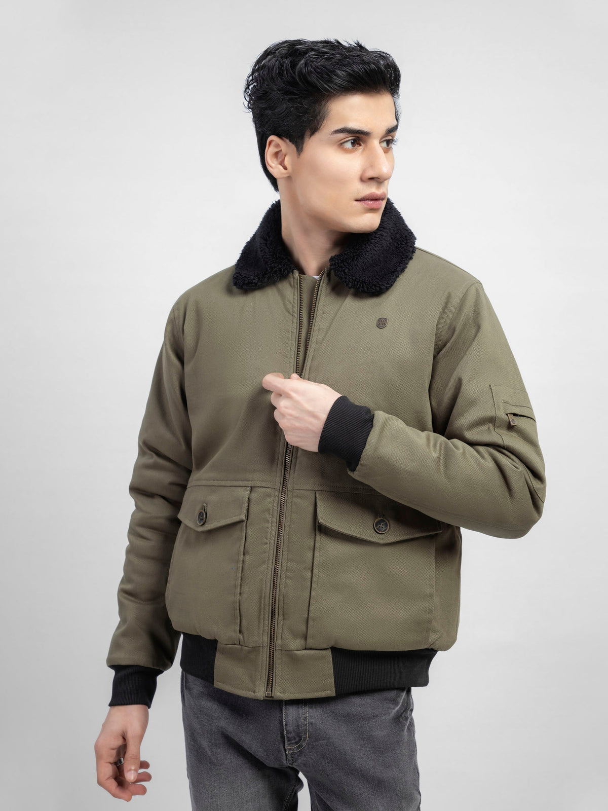 Olive Green Sherpa Collar Aviator Jacket