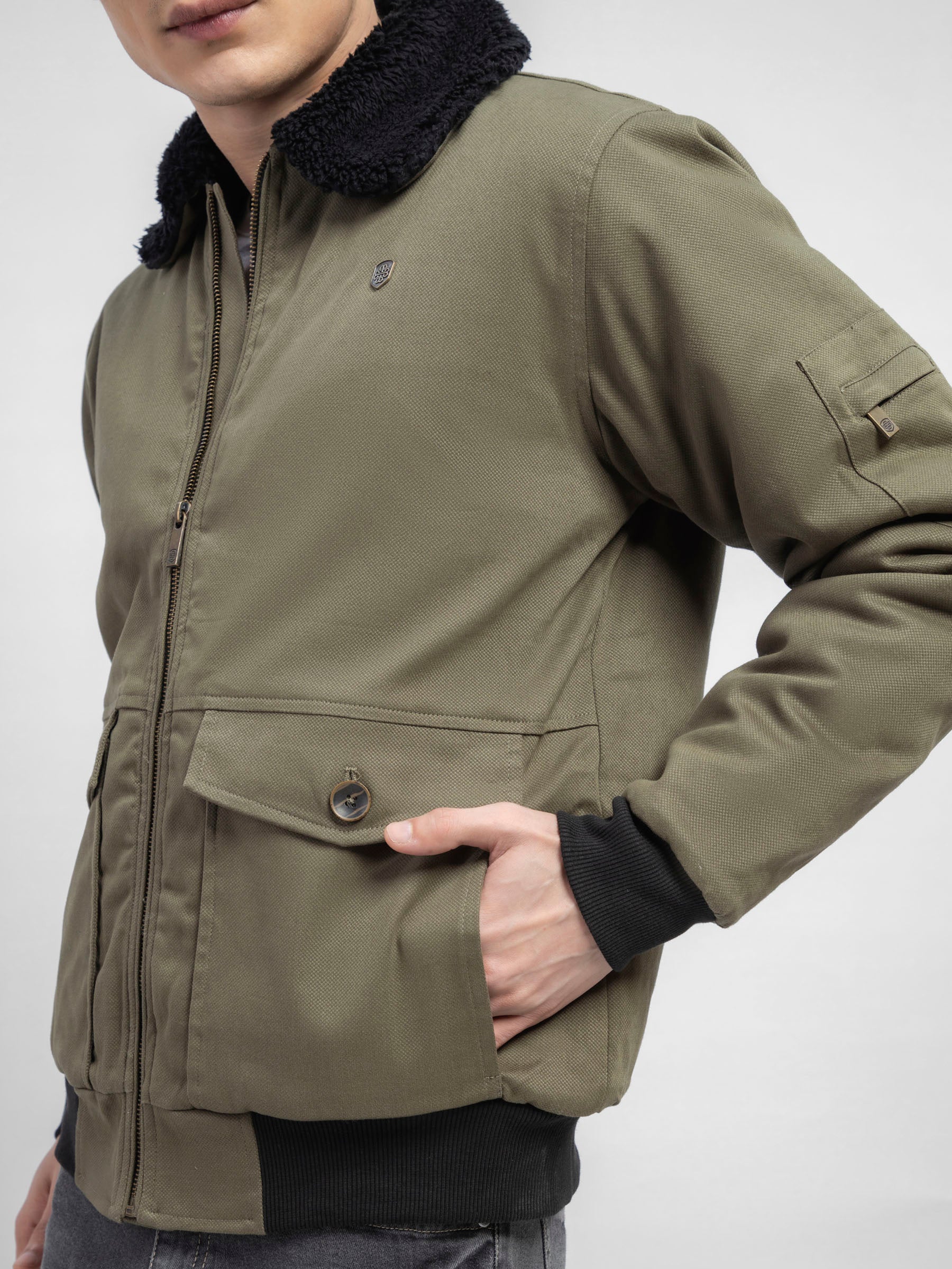 Olive Green Sherpa Collar Aviator Jacket