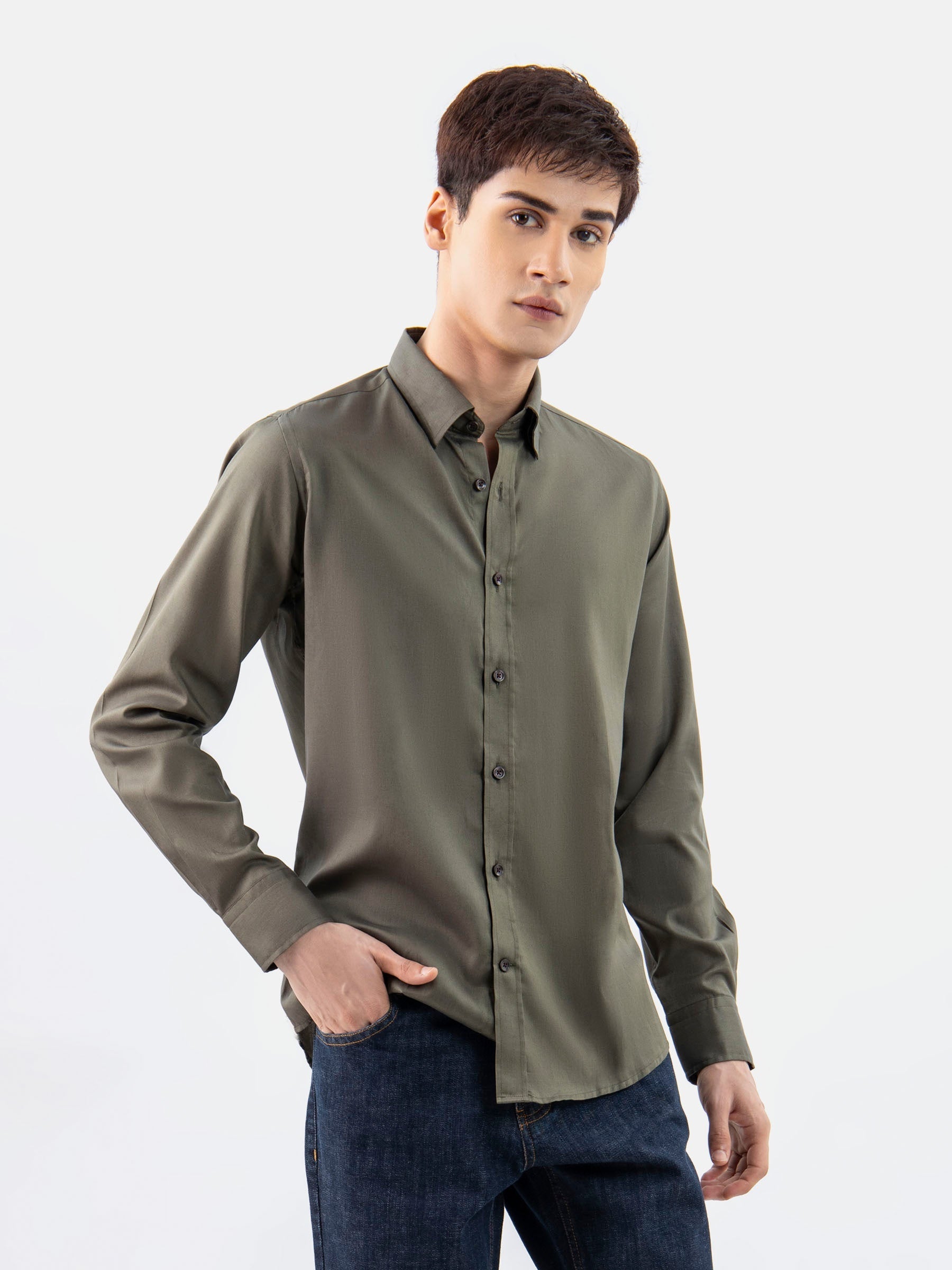 Olive Green Shirt With Beige Elbow Patch