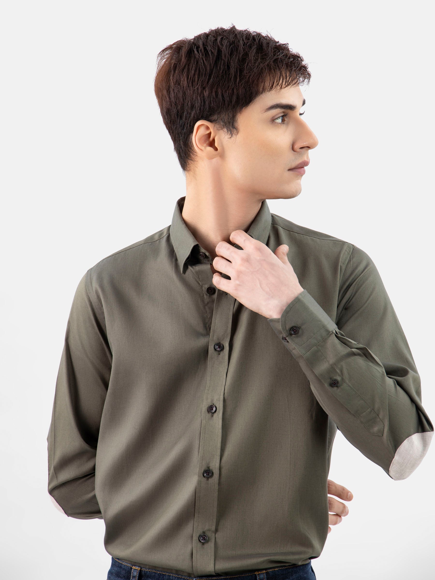 Olive Green Shirt With Beige Elbow Patch