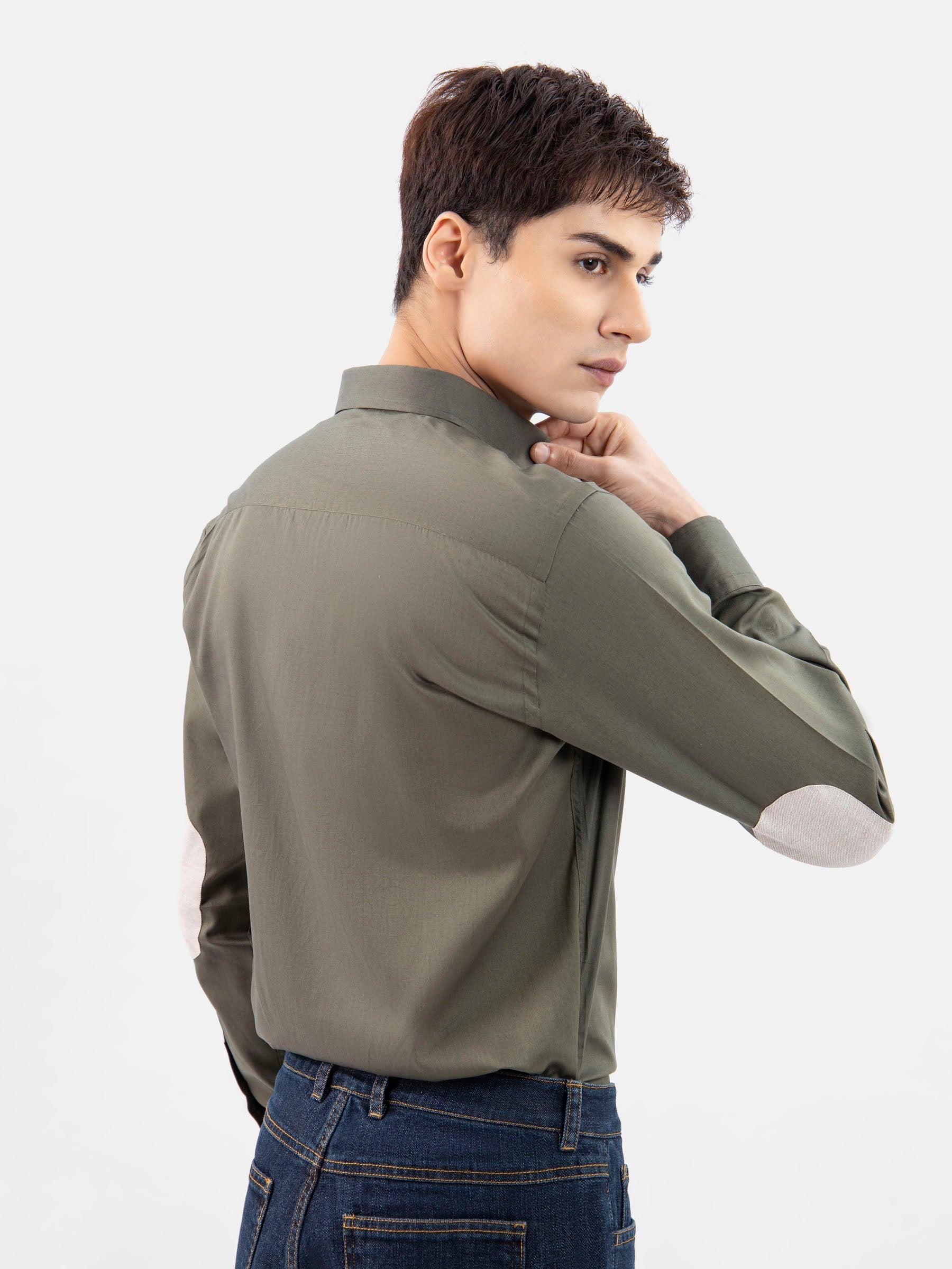 Olive Green Shirt With Beige Elbow Patch